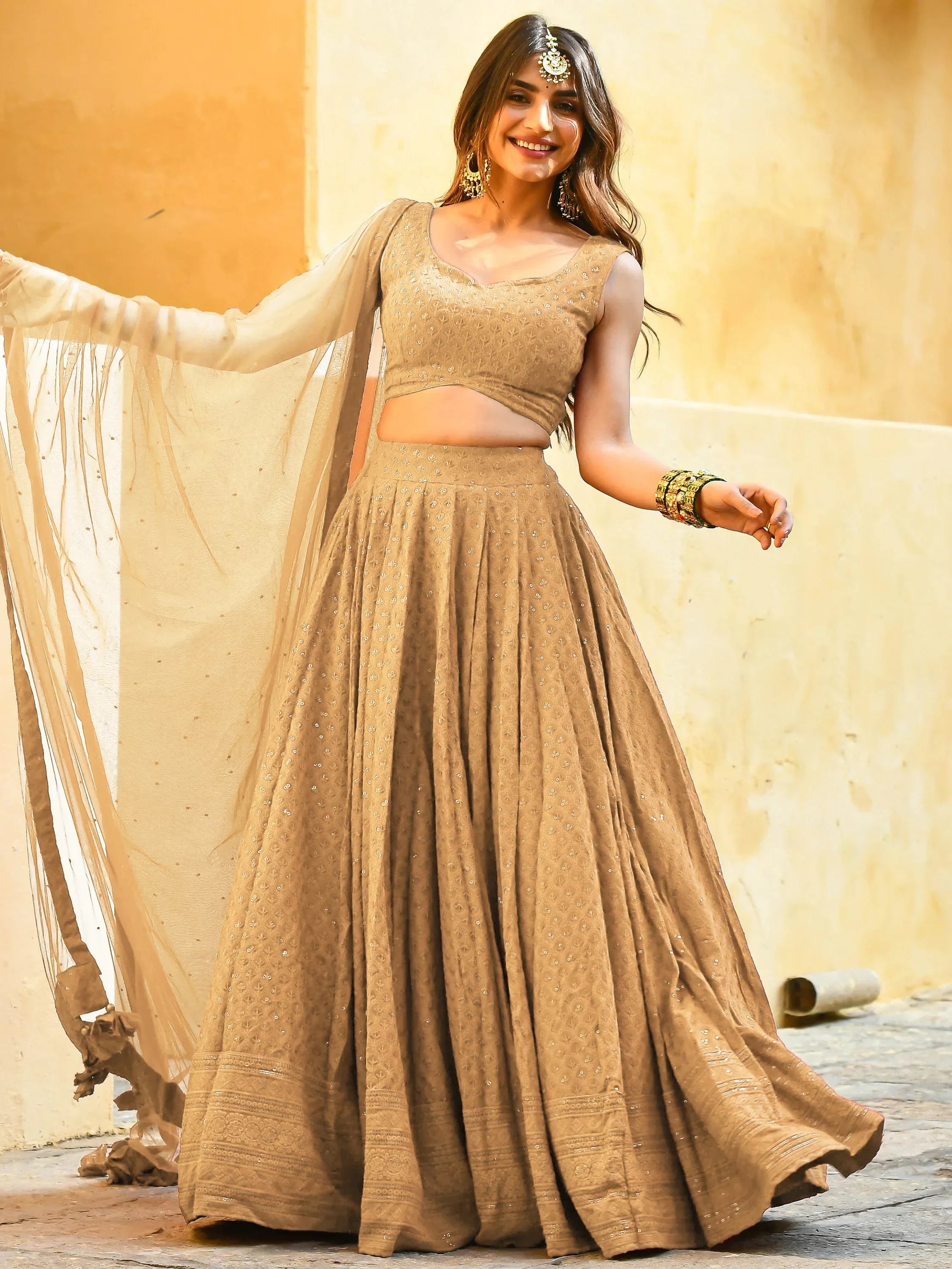 Beige Sweet Sequins Georgette Reception Wear Lehenga Choli