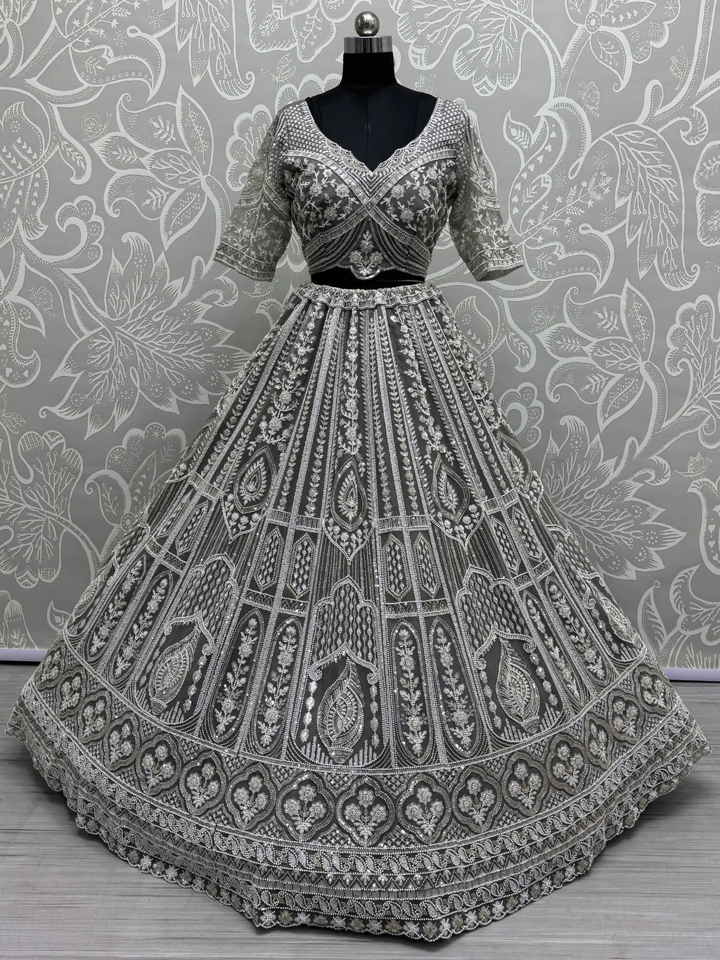 Fabulous Grey Sequins Net Reception Wear Lehenga Choli With Dupatta