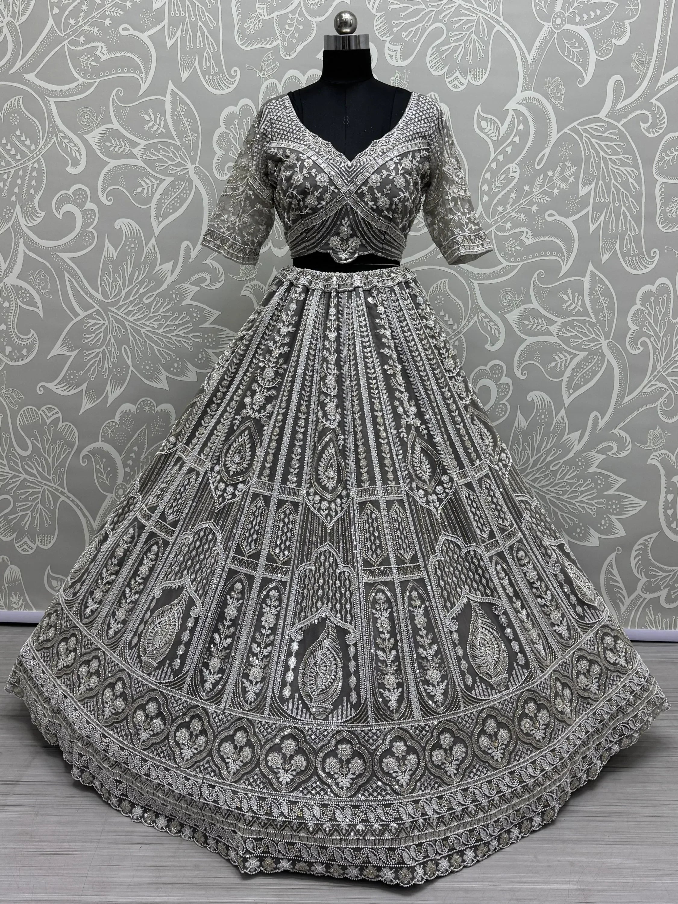 Fabulous Grey Sequins Net Reception Wear Lehenga Choli With Dupatta