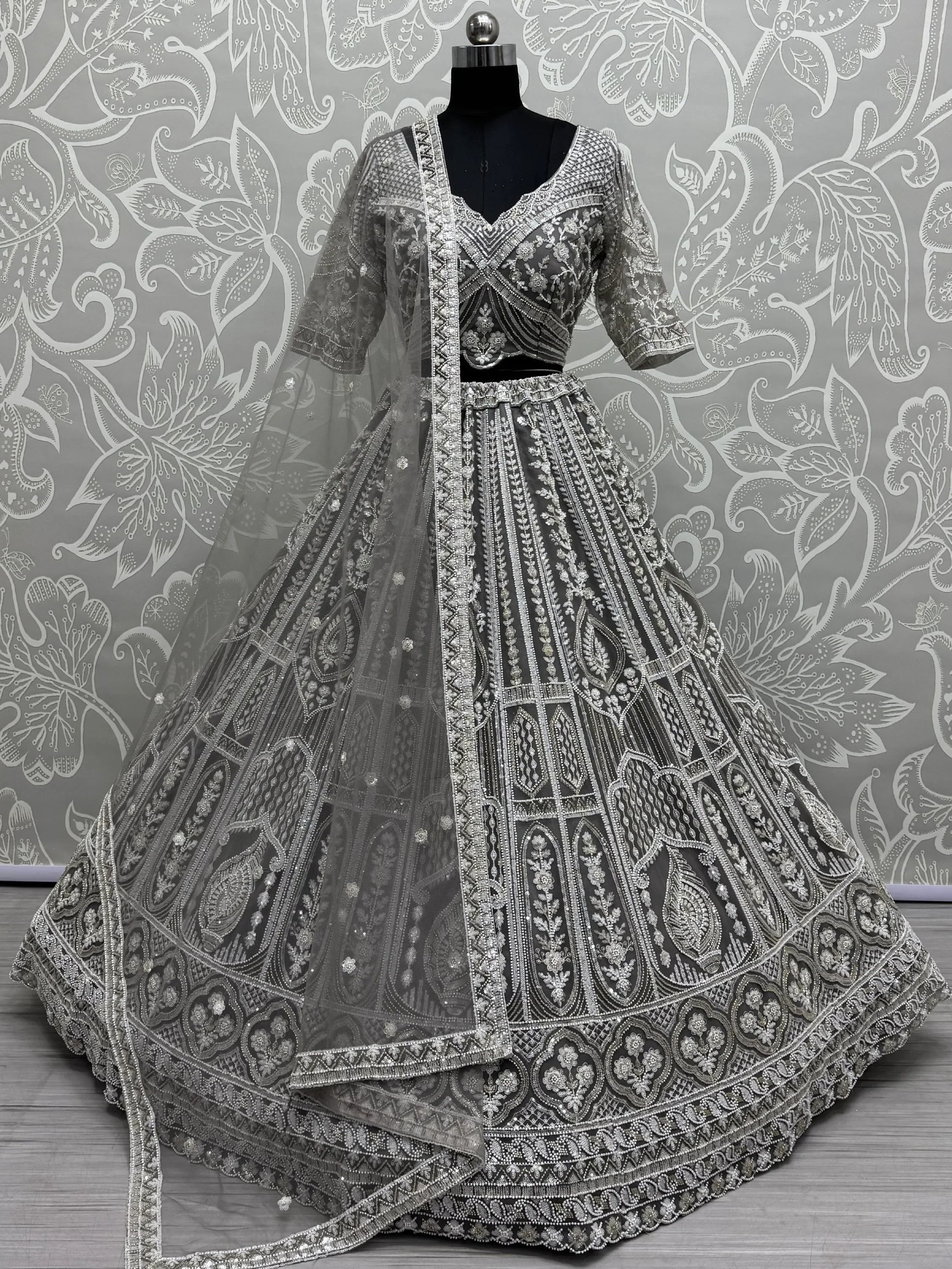 Fabulous Grey Sequins Net Reception Wear Lehenga Choli With Dupatta