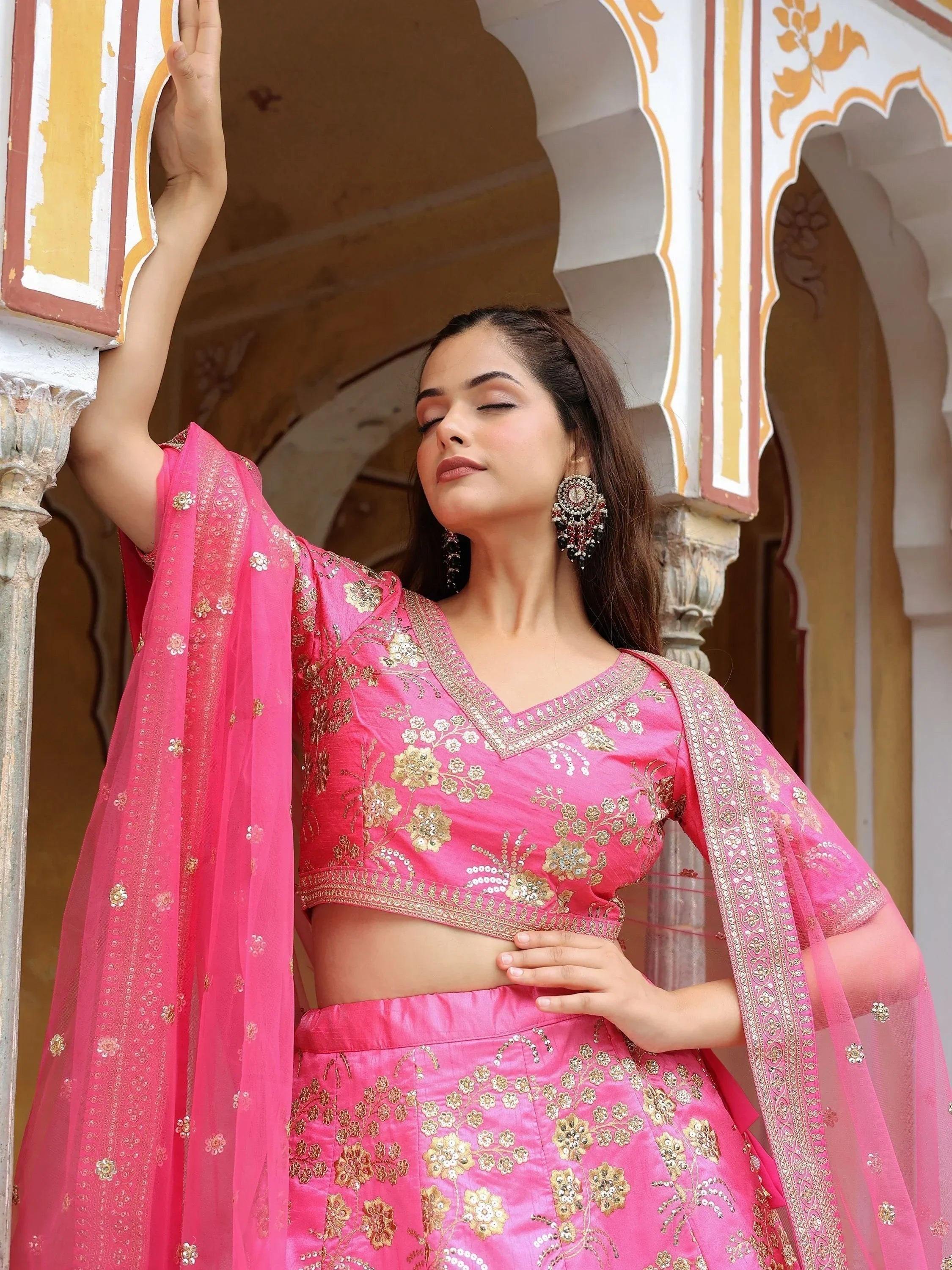 Fabulous Pink Embroidery Silk Engagement Wedding Wear Lehenga Choli