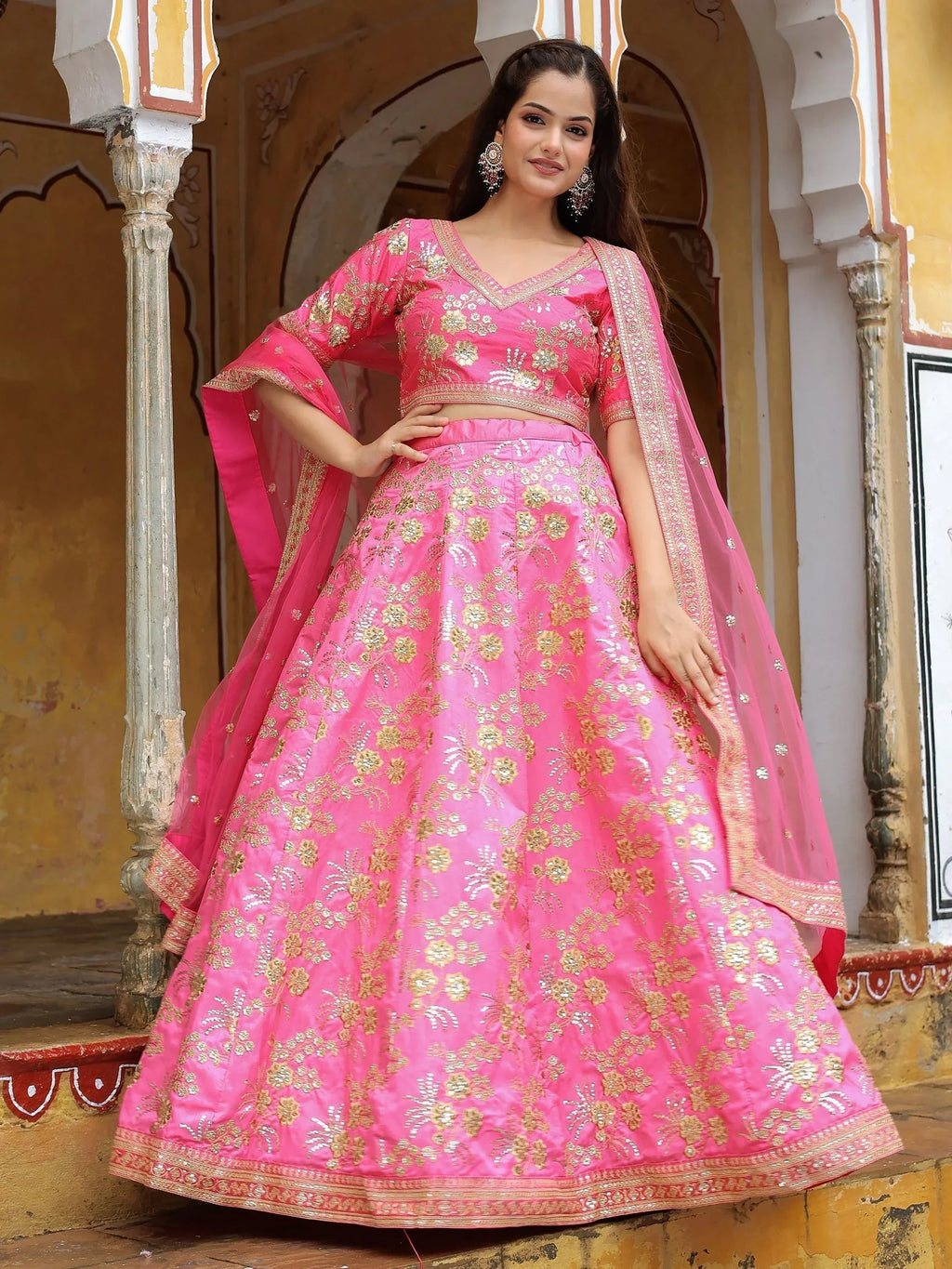 Fabulous Pink Embroidery Silk Engagement Wedding Wear Lehenga Choli