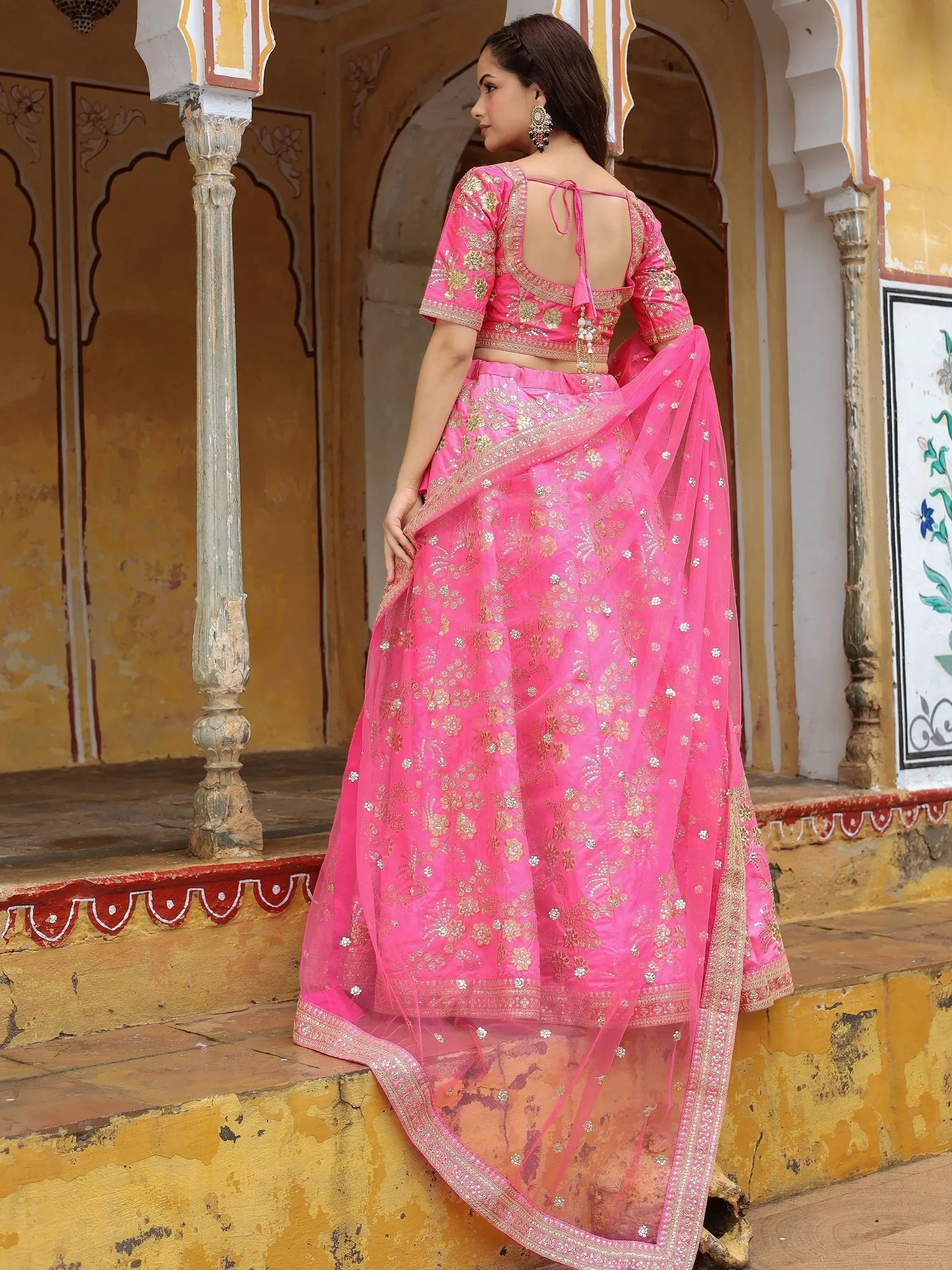 Fabulous Pink Embroidery Silk Engagement Wedding Wear Lehenga Choli