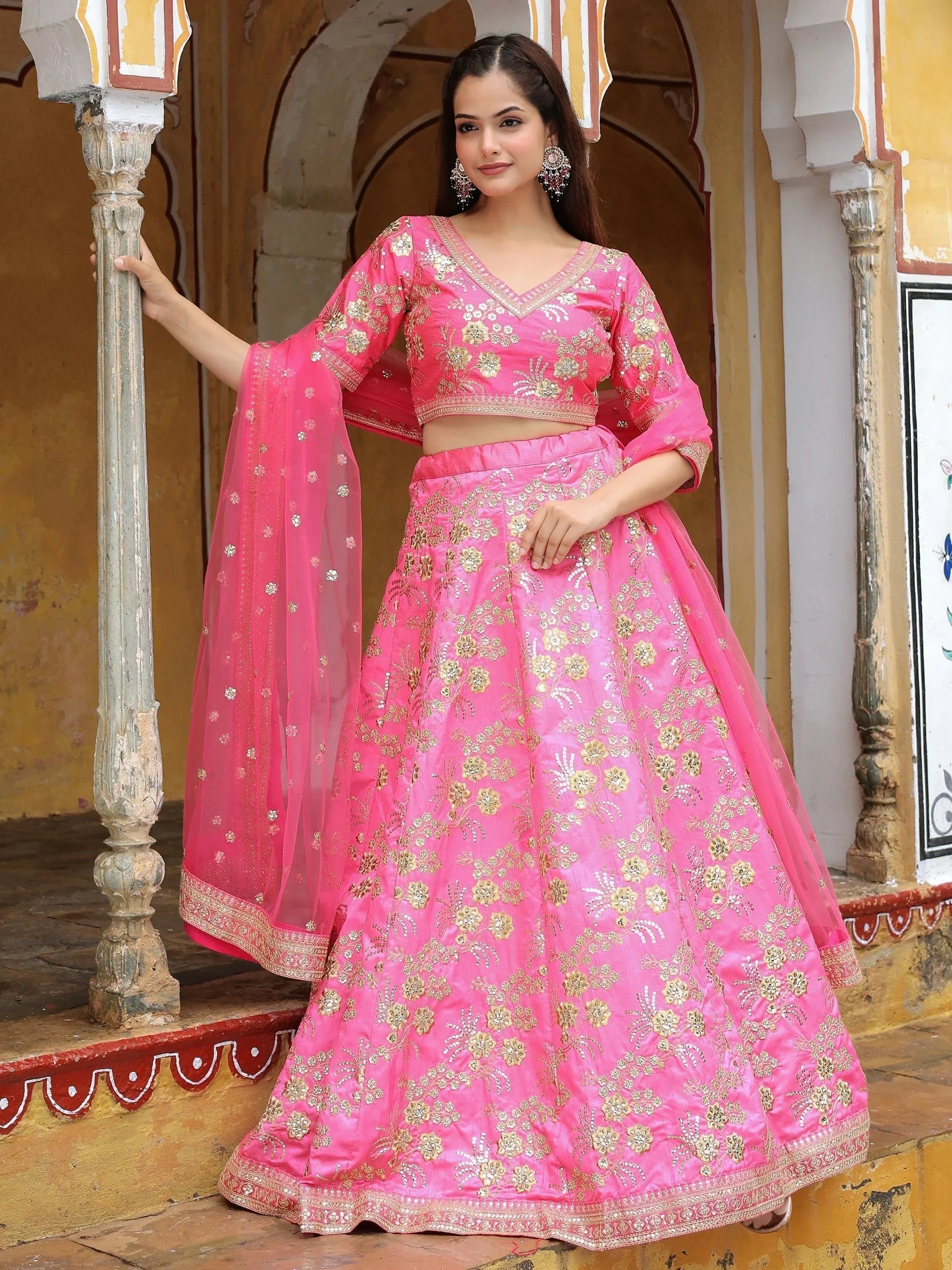 Fabulous Pink Embroidery Silk Engagement Wedding Wear Lehenga Choli