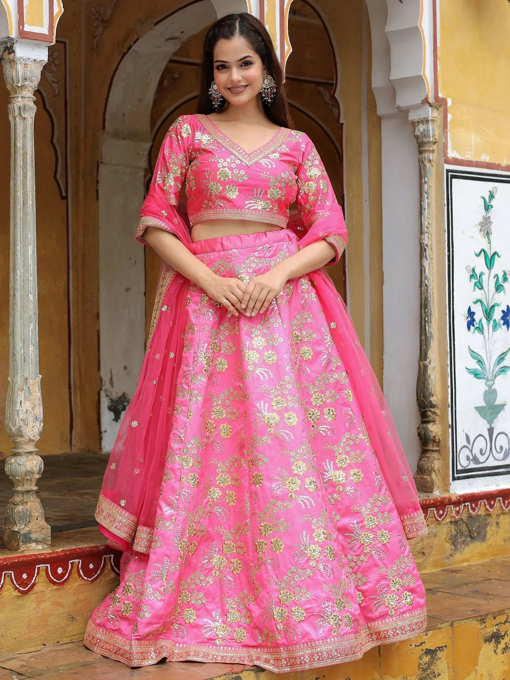 Fabulous Pink Embroidery Silk Engagement Wedding Wear Lehenga Choli