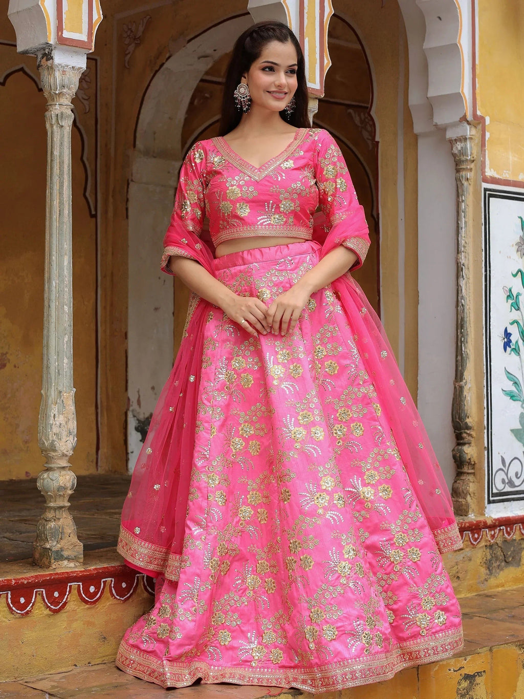 Fabulous Pink Embroidery Silk Engagement Wedding Wear Lehenga Choli