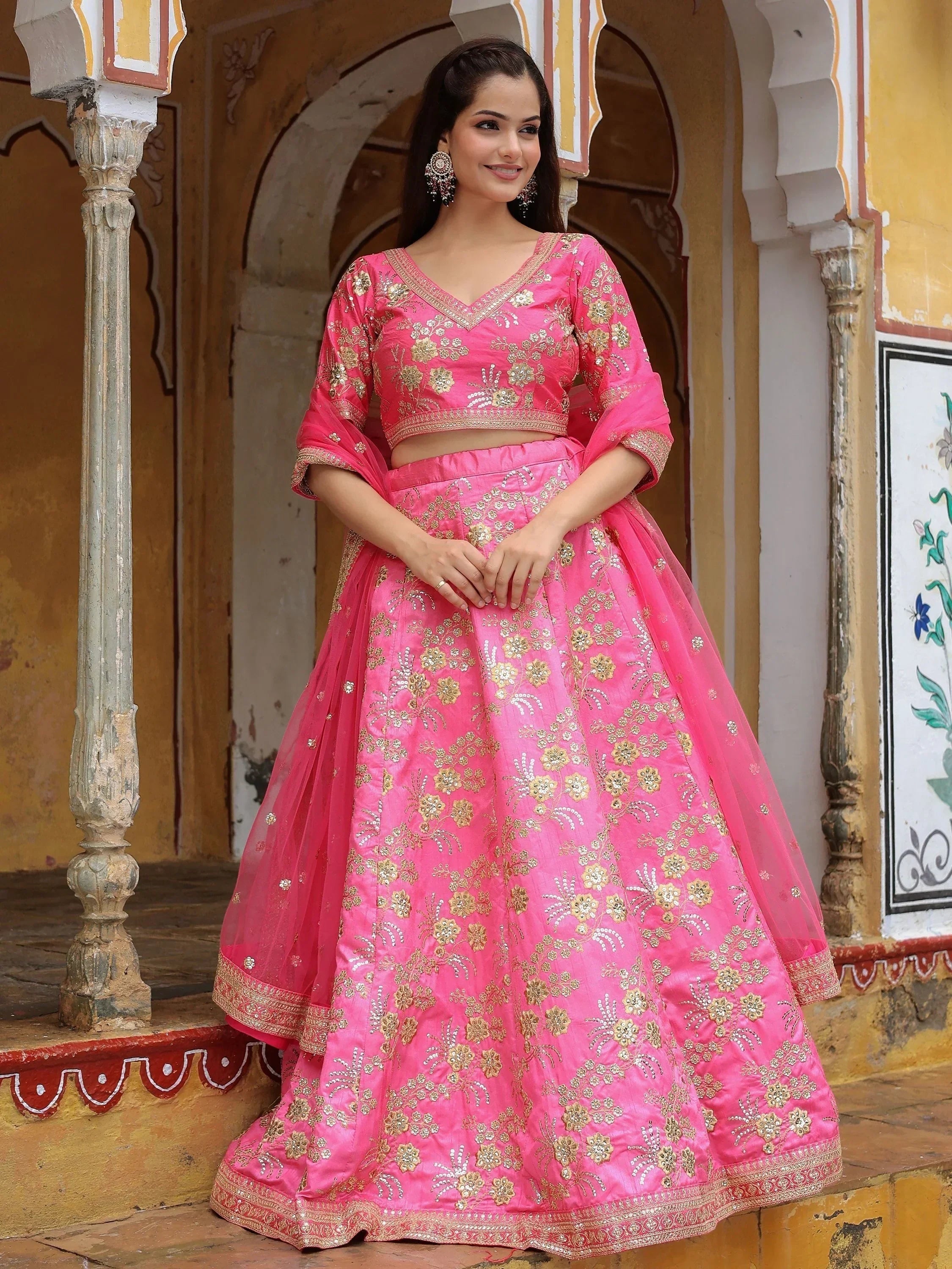 Fabulous Pink Embroidery Silk Engagement Wedding Wear Lehenga Choli