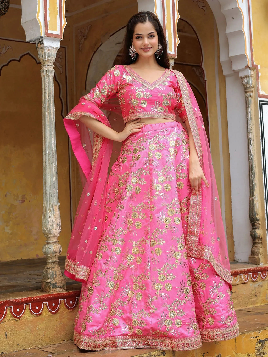 Fabulous Pink Embroidery Silk Engagement Wedding Wear Lehenga Choli