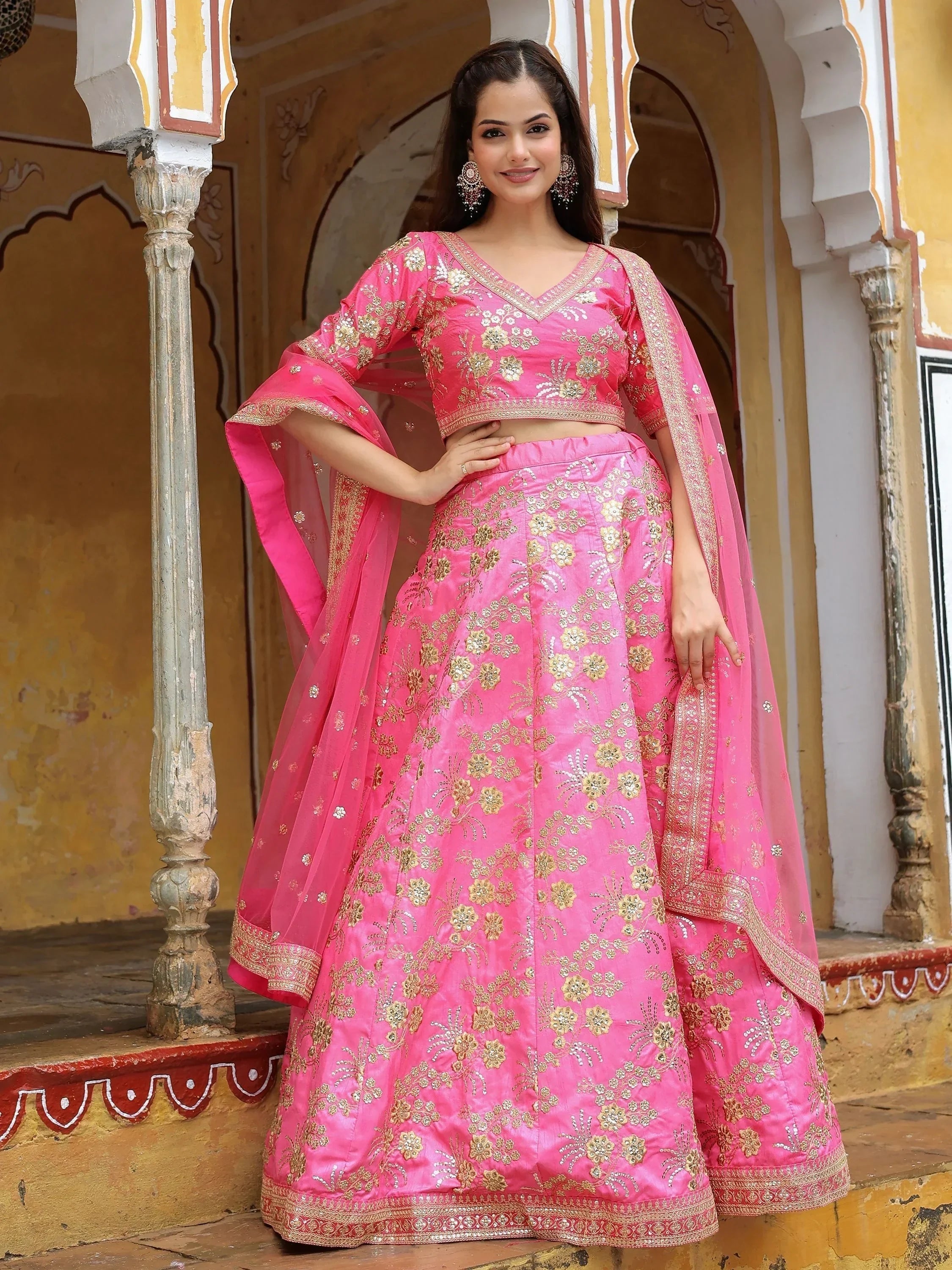 Fabulous Pink Embroidery Silk Engagement Wedding Wear Lehenga Choli