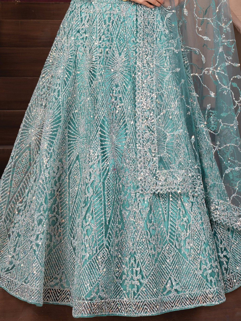 Fabulous Sky-Blue Zarkan Work Net Cocktail Lehenga Choli With Dupatta