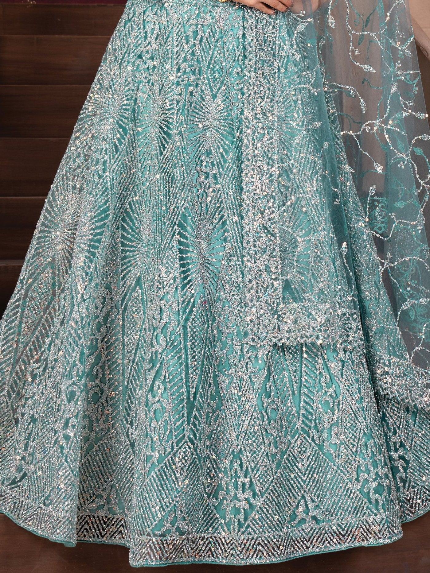 Fabulous Sky-Blue Zarkan Work Net Cocktail Lehenga Choli With Dupatta