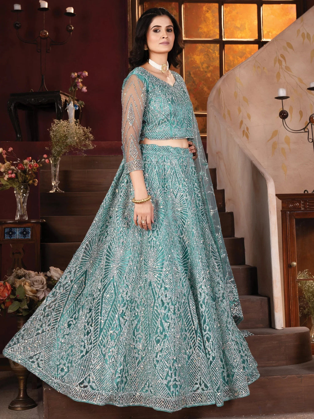 Fabulous Sky-Blue Zarkan Work Net Cocktail Lehenga Choli With Dupatta