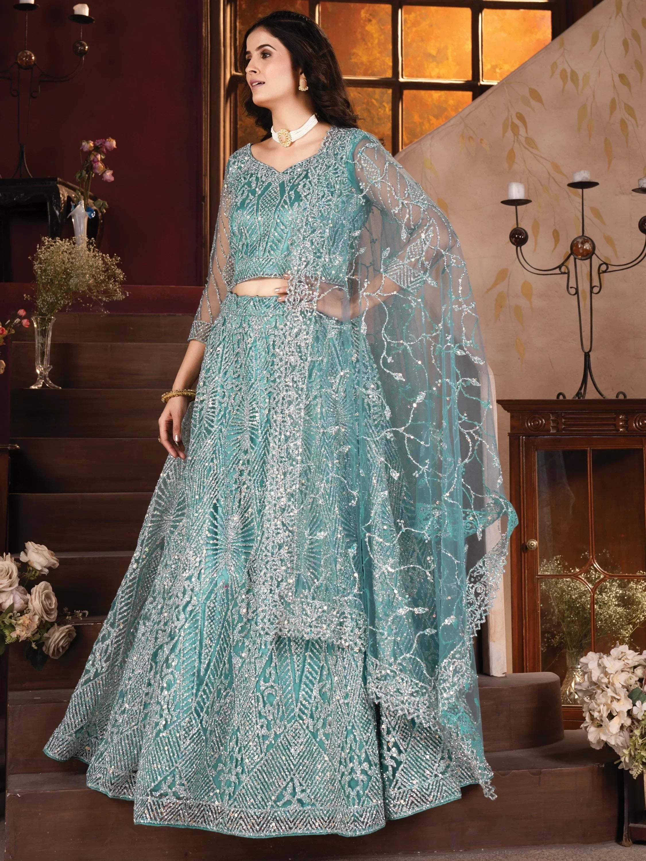 Fabulous Sky-Blue Zarkan Work Net Cocktail Lehenga Choli With Dupatta