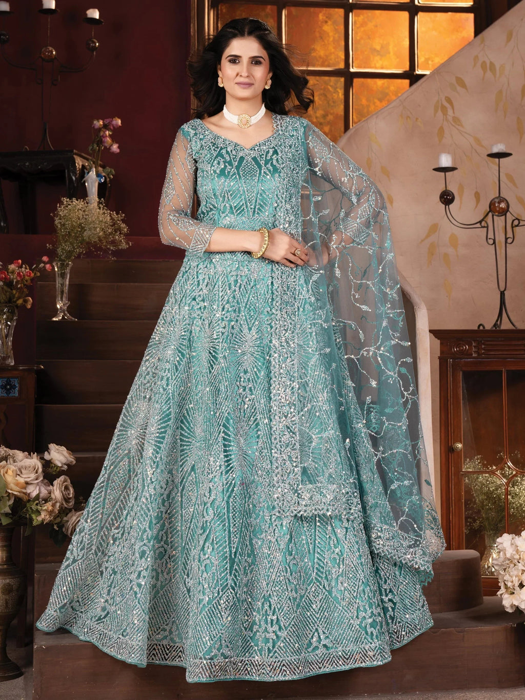 Fabulous Sky-Blue Zarkan Work Net Cocktail Lehenga Choli With Dupatta