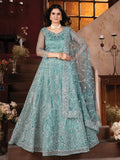 Fabulous Sky-Blue Zarkan Work Net Cocktail Lehenga Choli With Dupatta