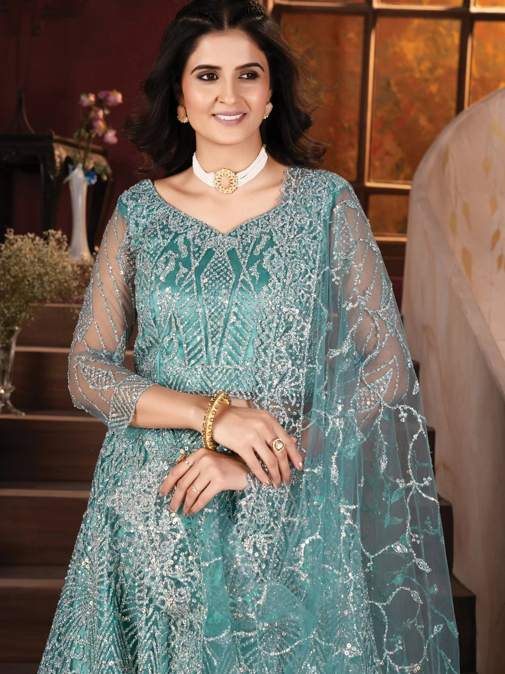 Fabulous Sky-Blue Zarkan Work Net Cocktail Lehenga Choli With Dupatta