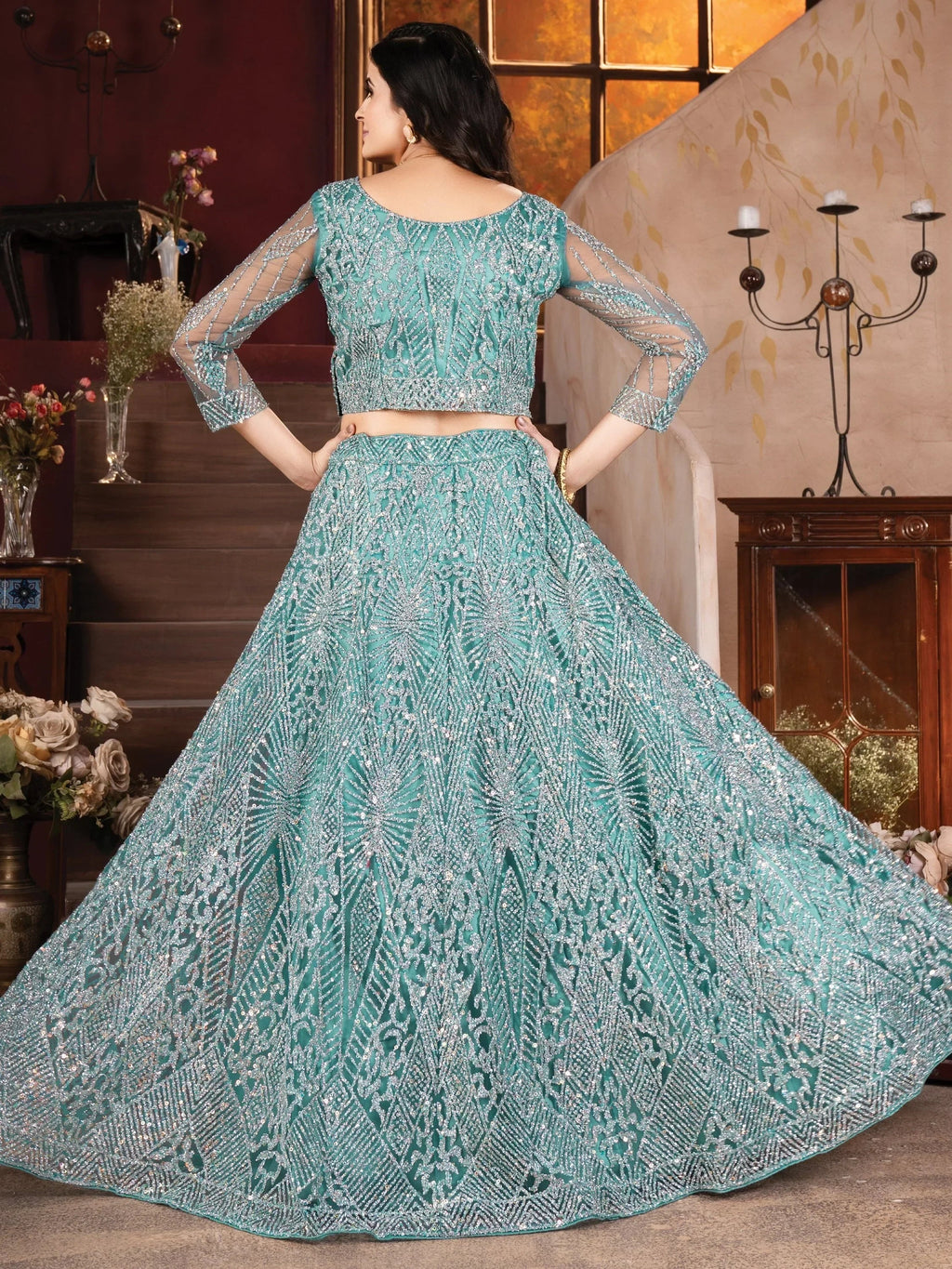 Fabulous Sky-Blue Zarkan Work Net Cocktail Lehenga Choli With Dupatta