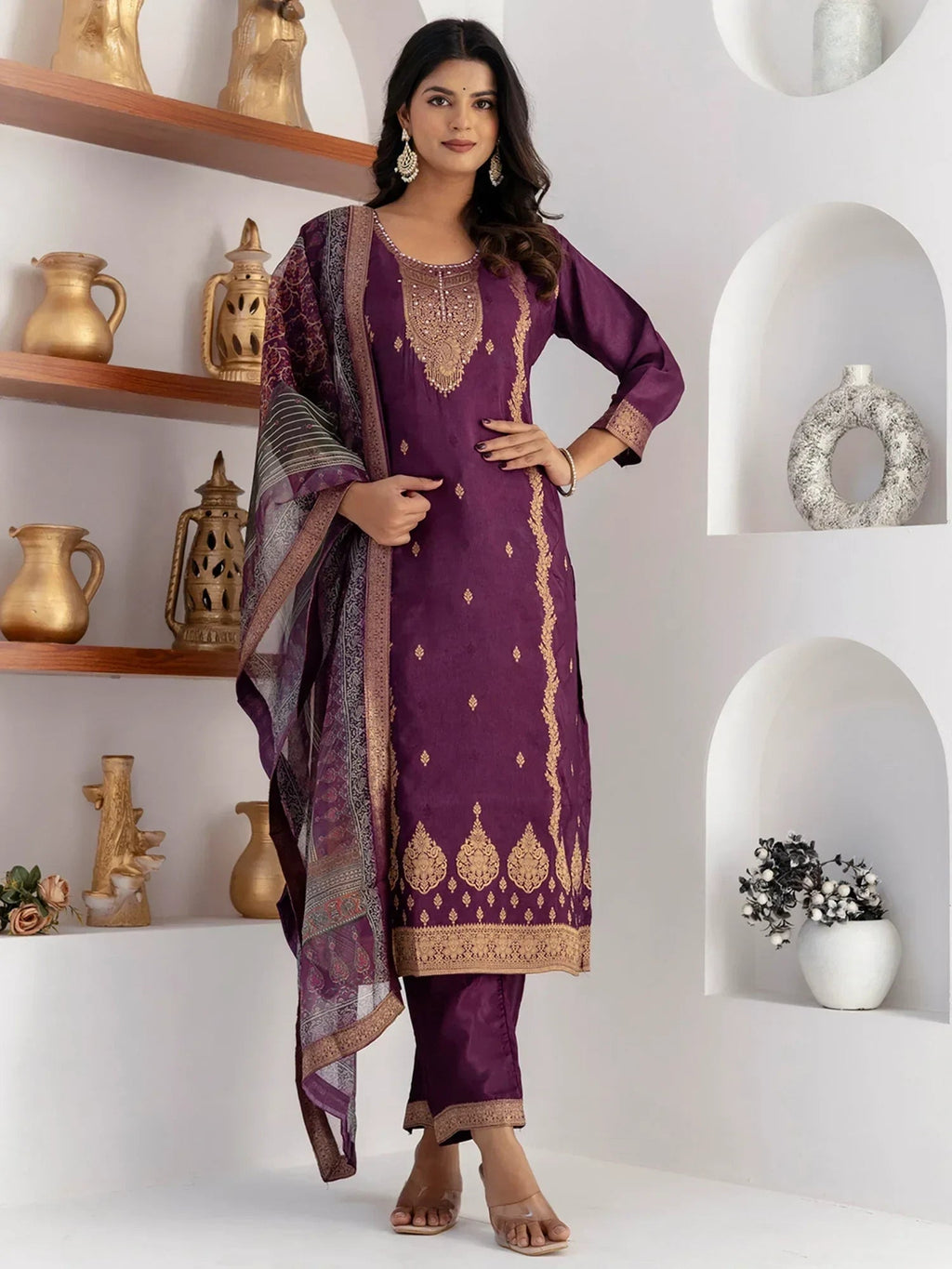 Fabulous Purple Zari Weaving Jacquard Traditional Pant Suit With Dupatta