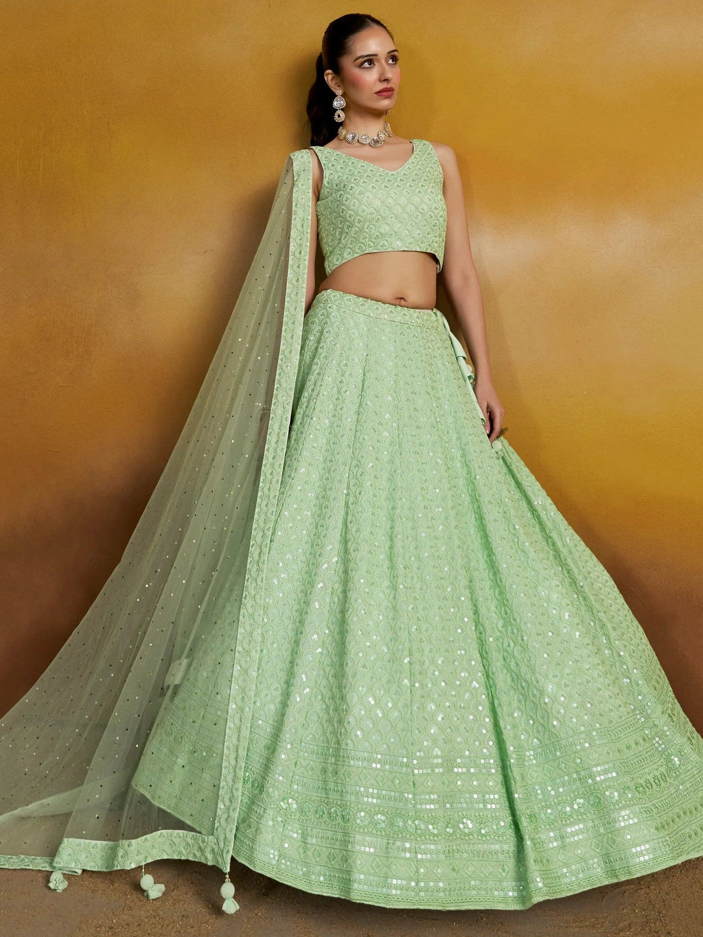 Mint Sweet Sequins Georgette Reception Wear Lehenga Choli