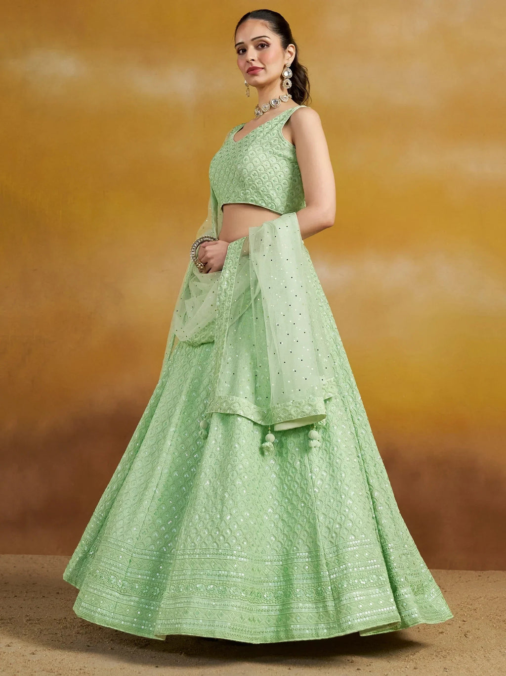 Mint Sweet Sequins Georgette Reception Wear Lehenga Choli