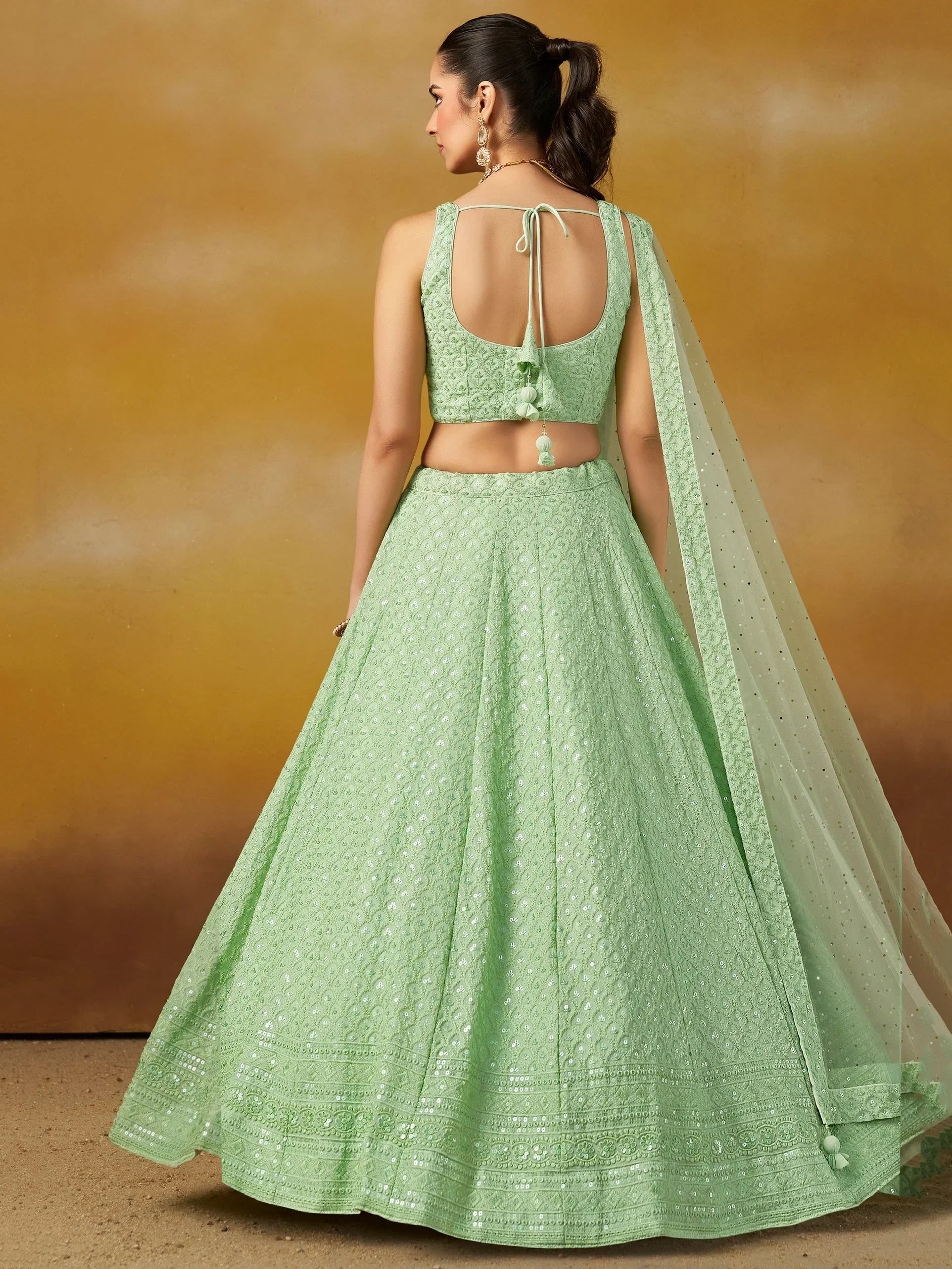 Mint Sweet Sequins Georgette Reception Wear Lehenga Choli