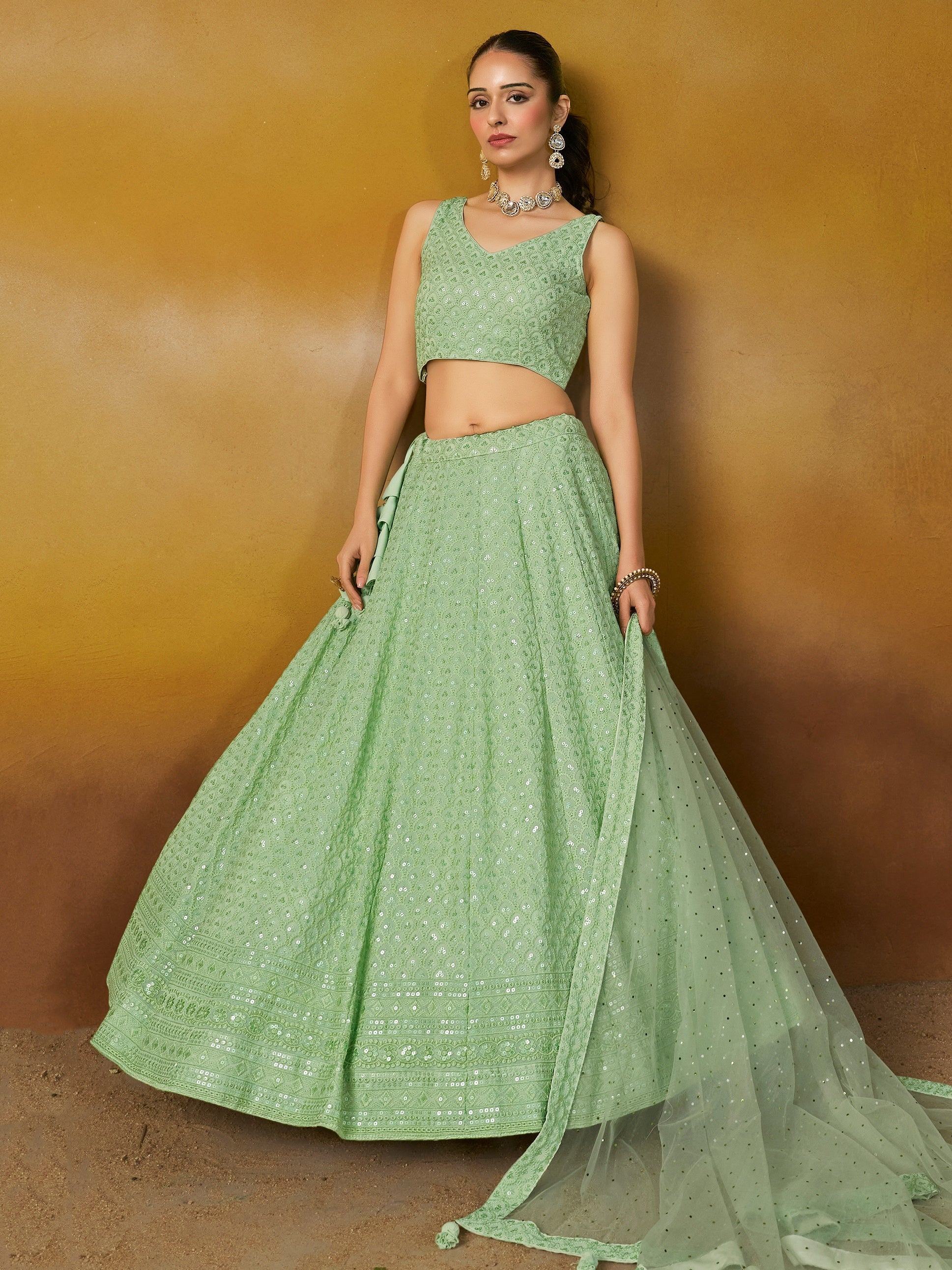 Mint Sweet Sequins Georgette Reception Wear Lehenga Choli