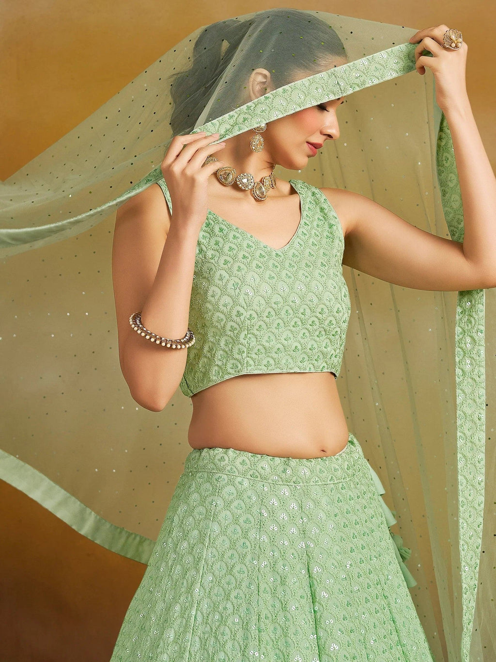 Mint Sweet Sequins Georgette Reception Wear Lehenga Choli