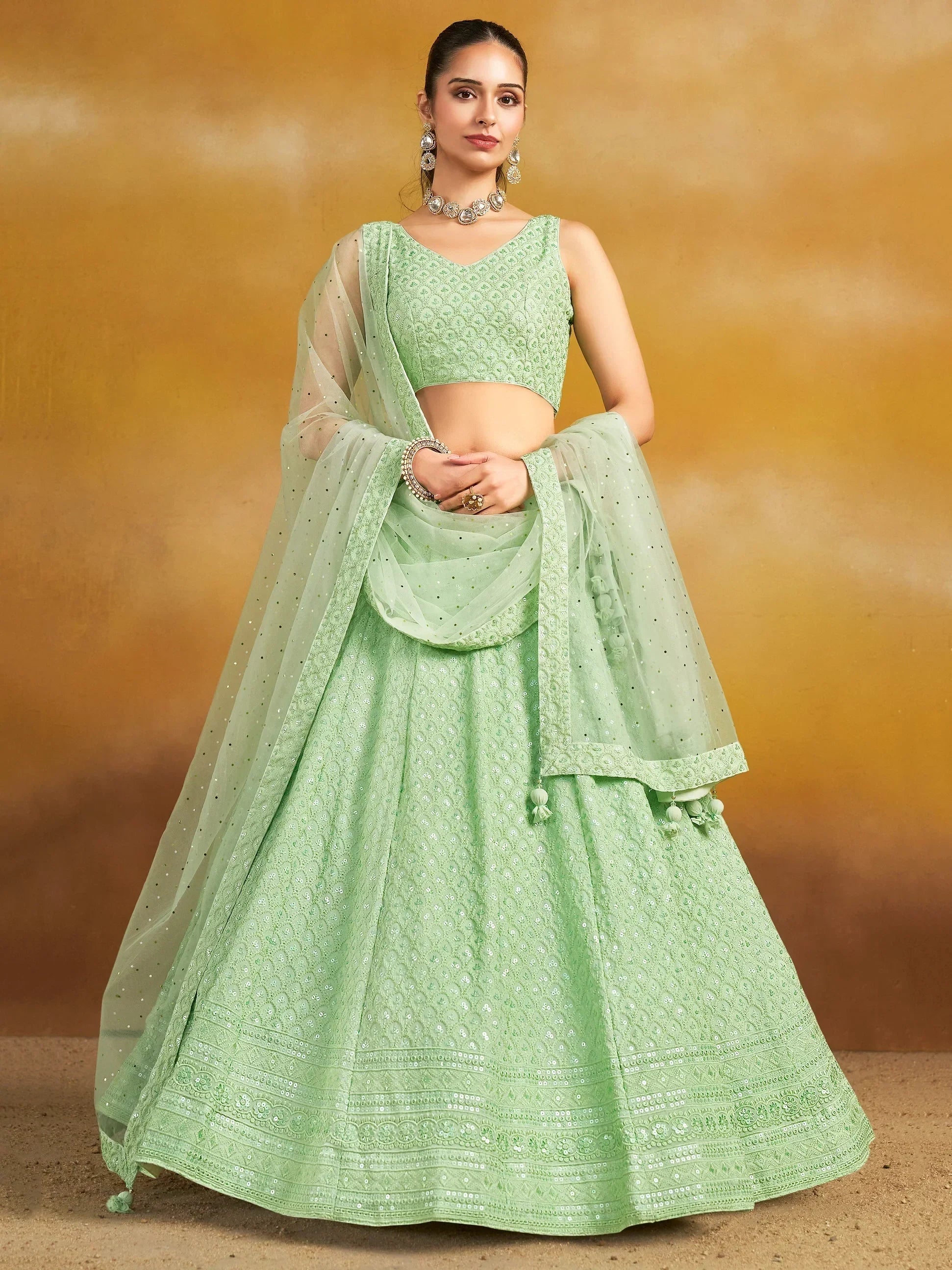Mint Sweet Sequins Georgette Reception Wear Lehenga Choli