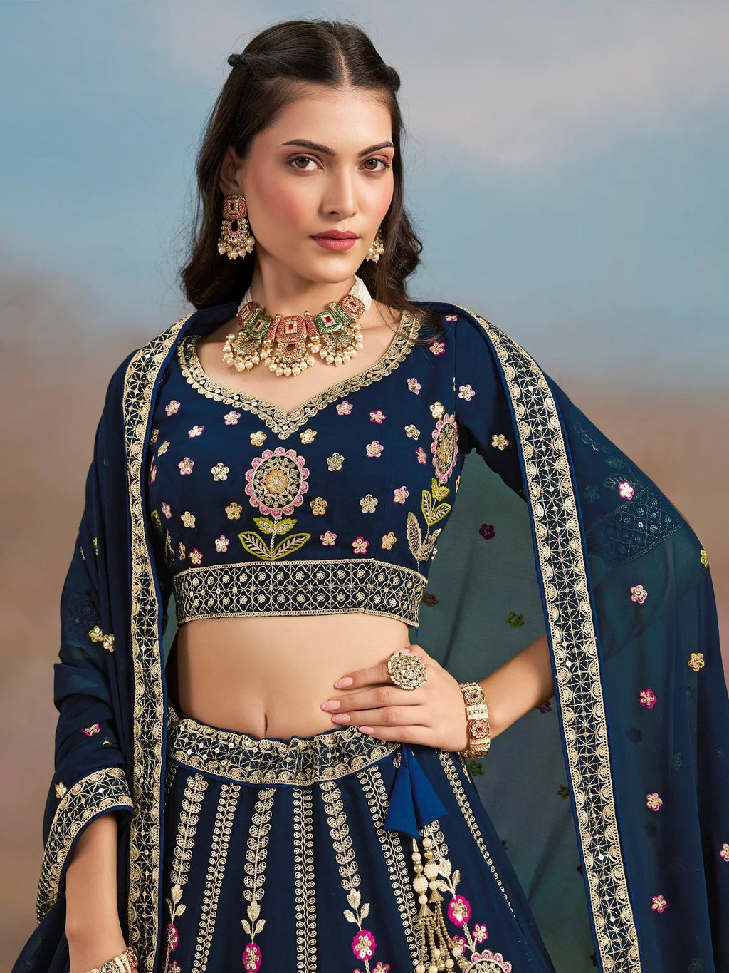 Navy Fantastic Zari Work Georgette Wedding Wear Lehenga Choli