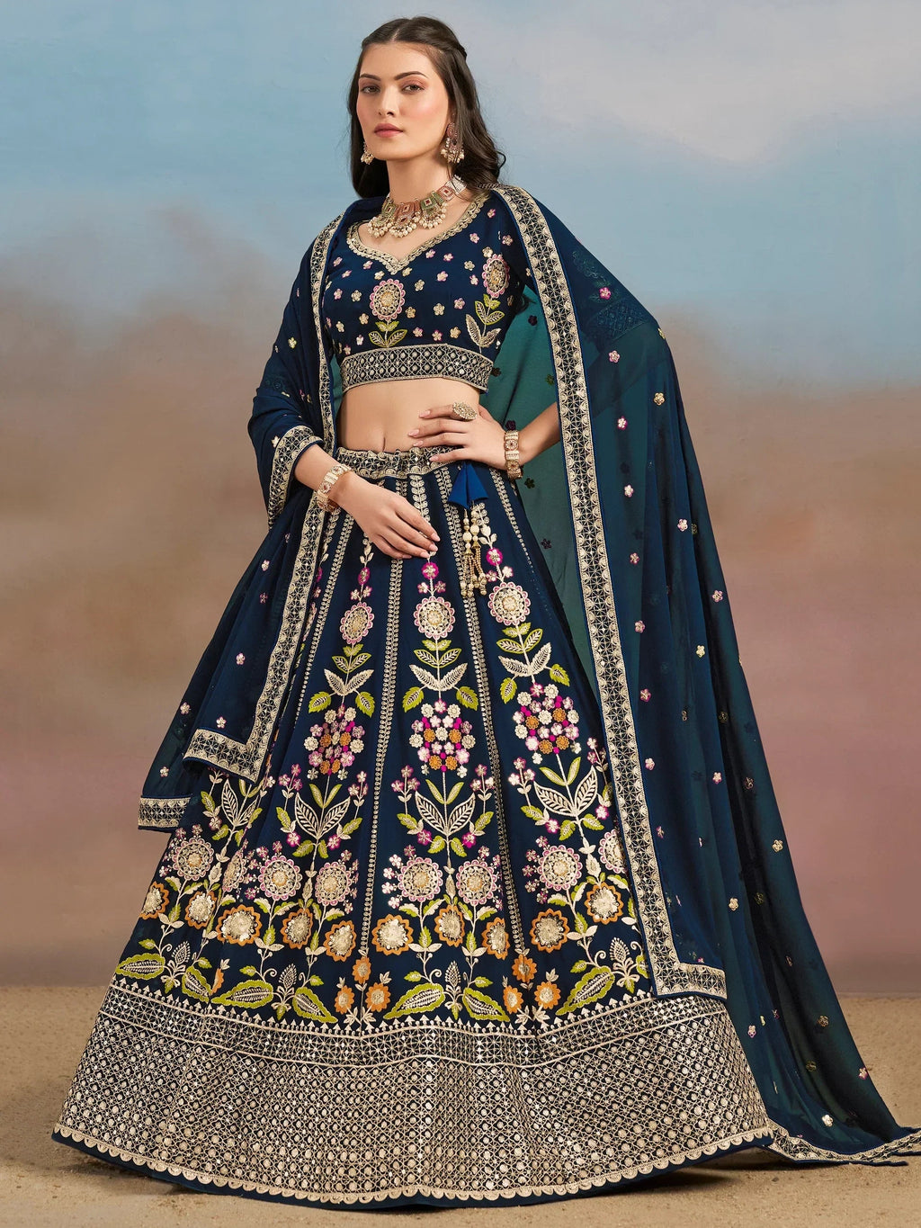 Navy Fantastic Zari Work Georgette Wedding Wear Lehenga Choli