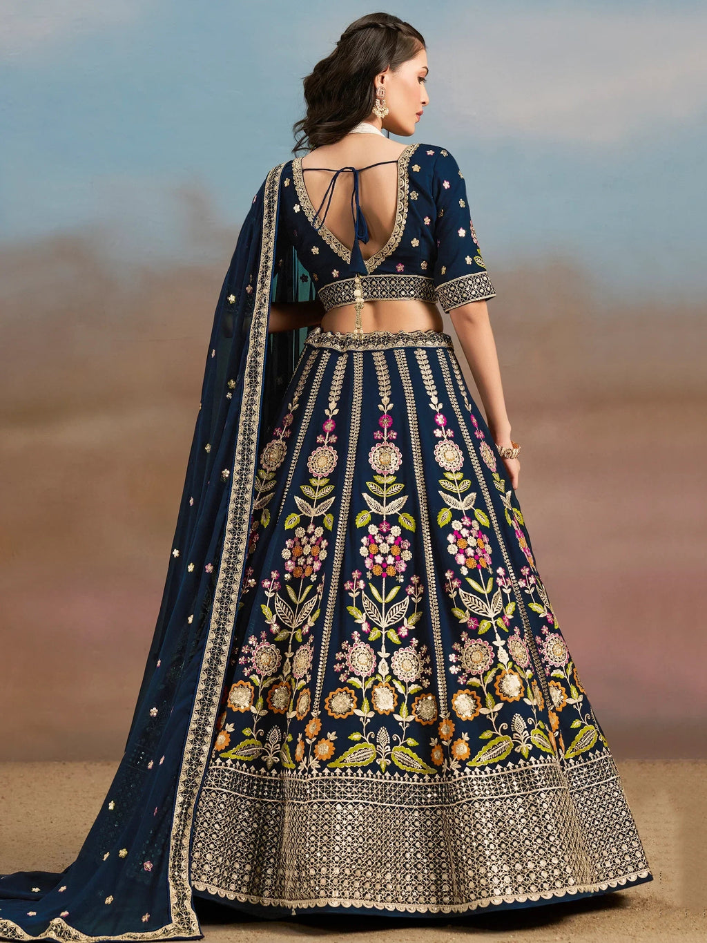 Navy Fantastic Zari Work Georgette Wedding Wear Lehenga Choli