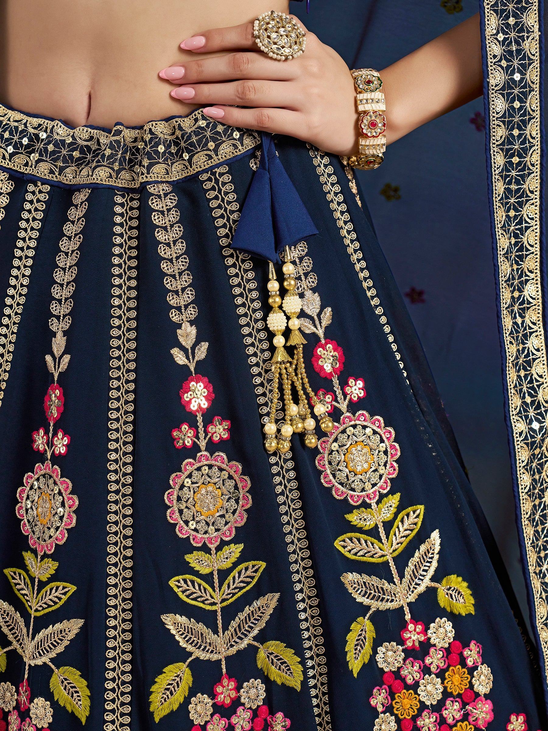 Navy Fantastic Zari Work Georgette Wedding Wear Lehenga Choli