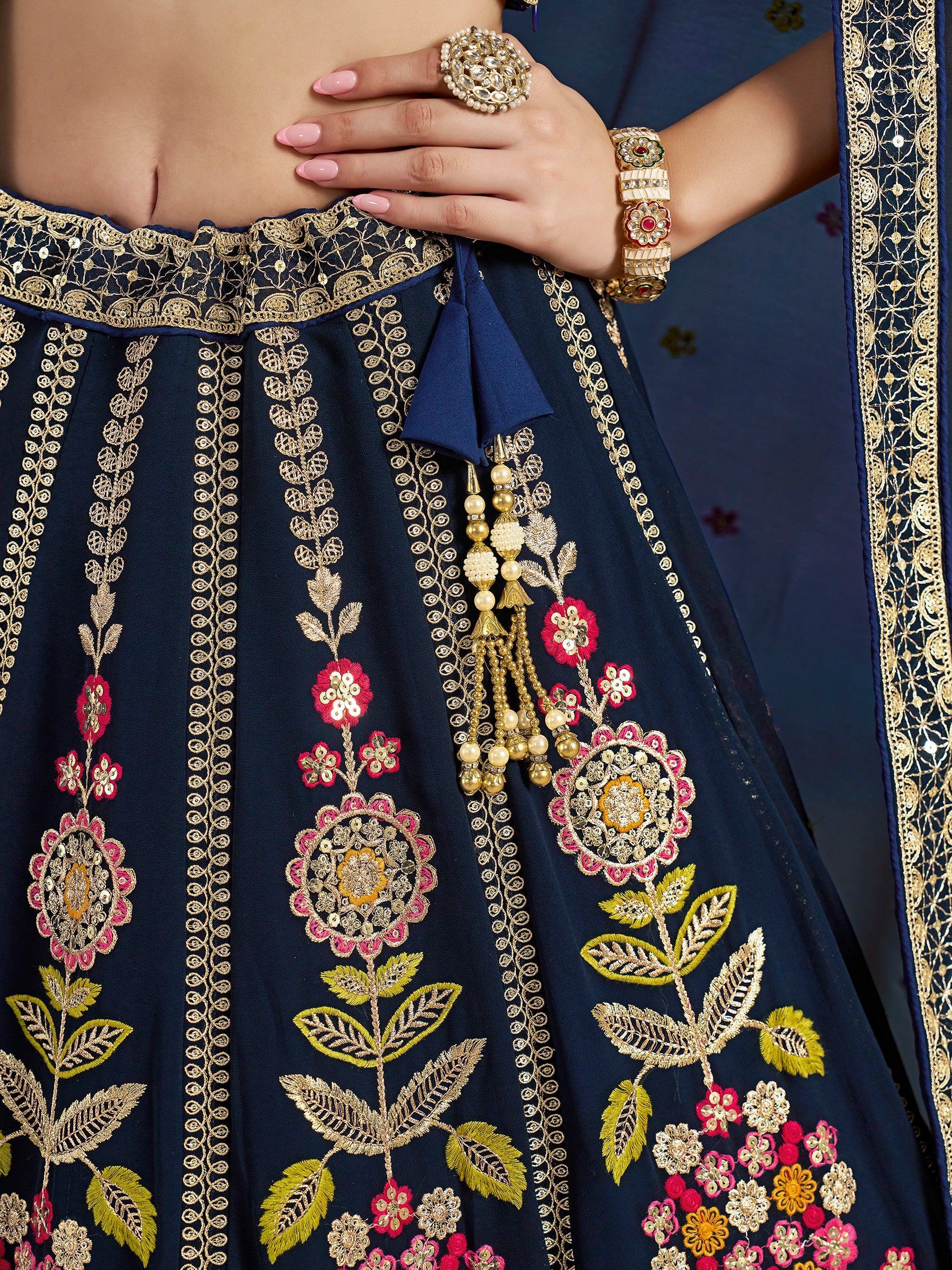 Navy Fantastic Zari Work Georgette Wedding Wear Lehenga Choli