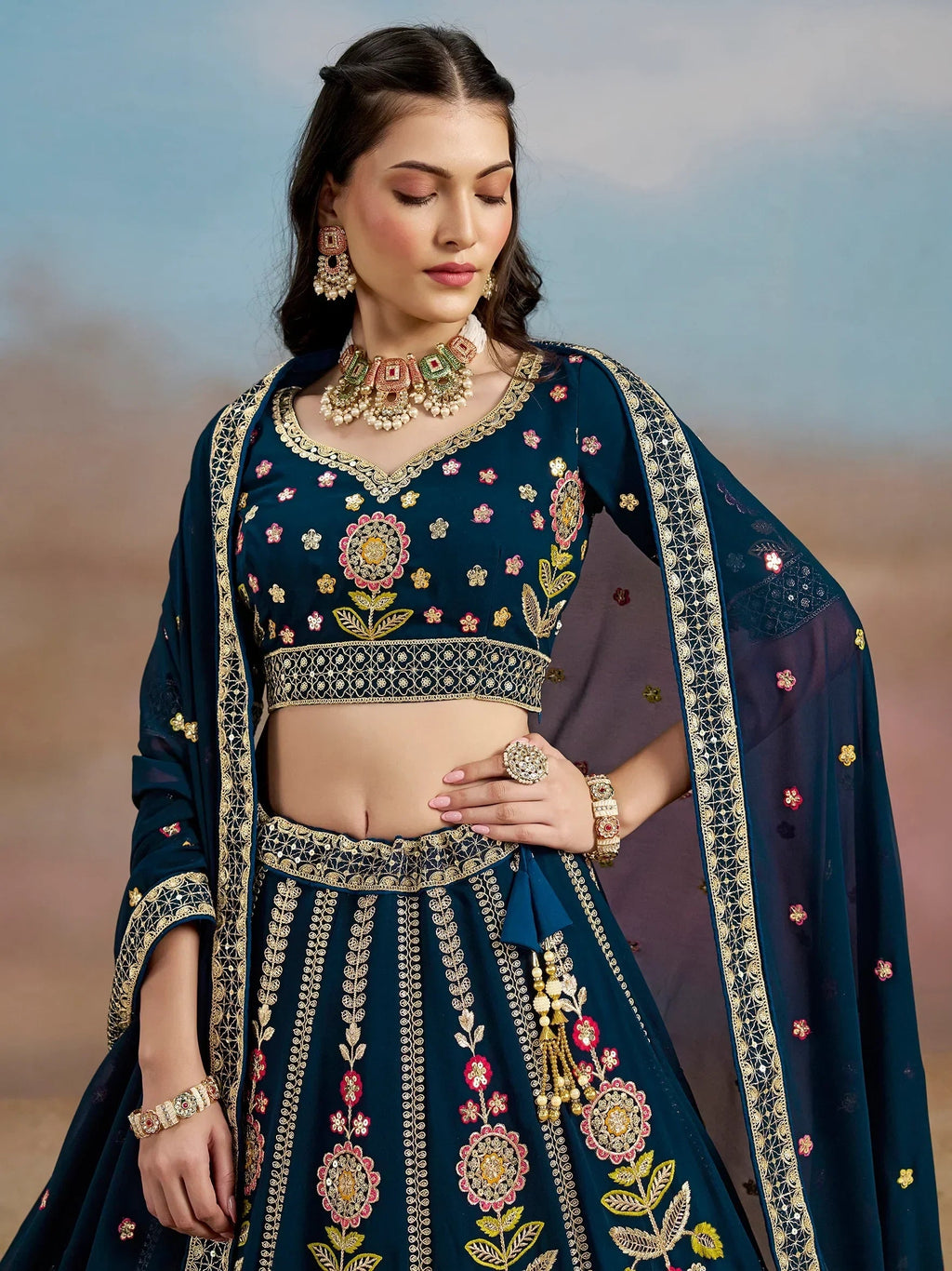 Navy Fantastic Zari Work Georgette Wedding Wear Lehenga Choli