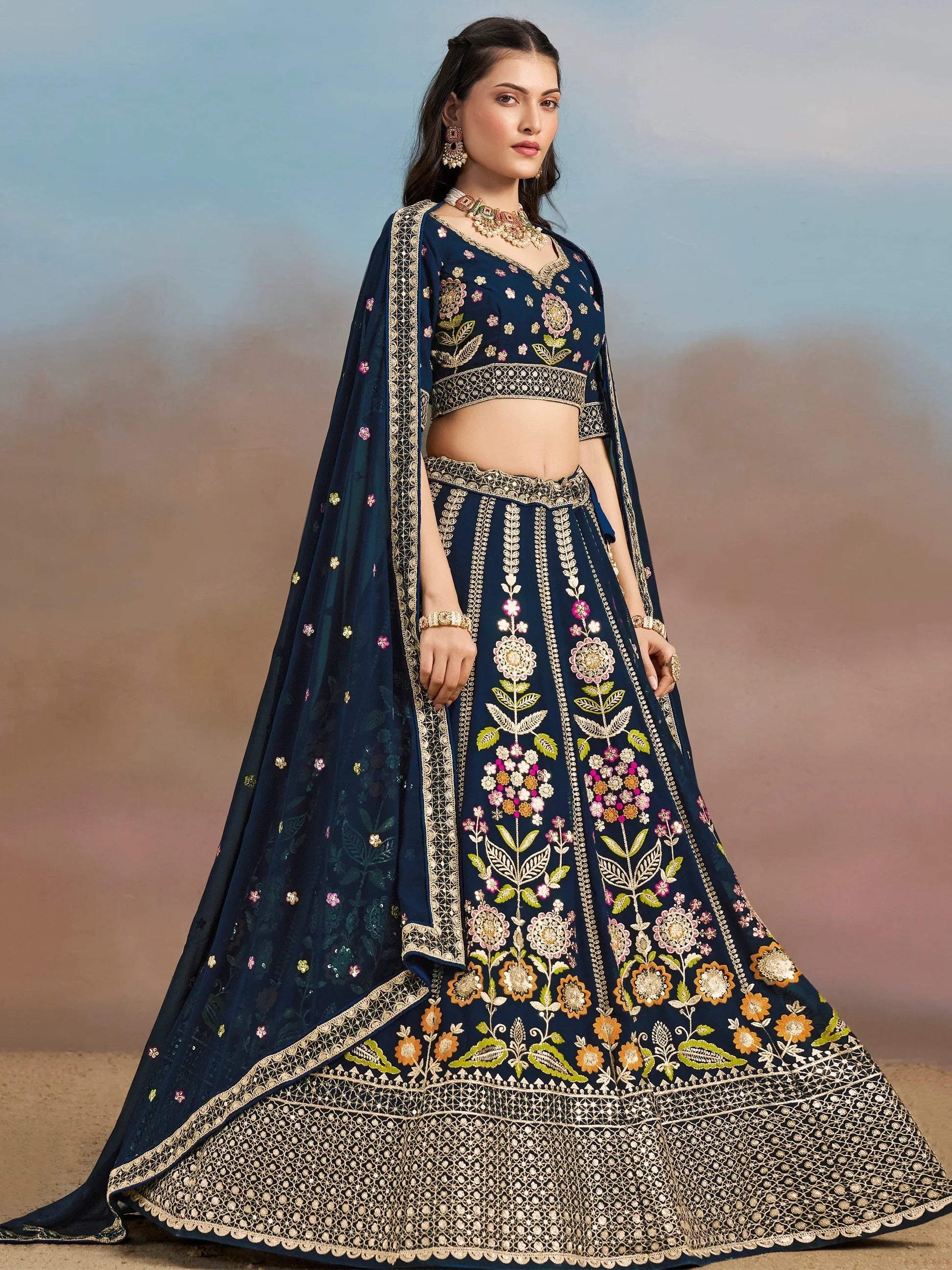 Navy Fantastic Zari Work Georgette Wedding Wear Lehenga Choli