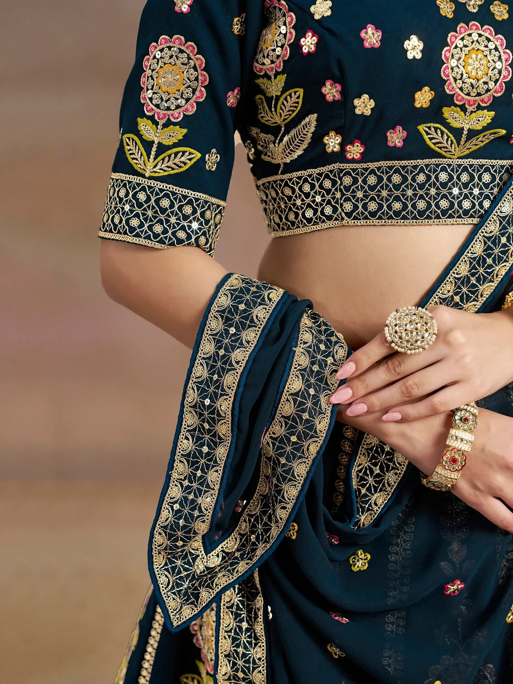 Navy Fantastic Zari Work Georgette Wedding Wear Lehenga Choli