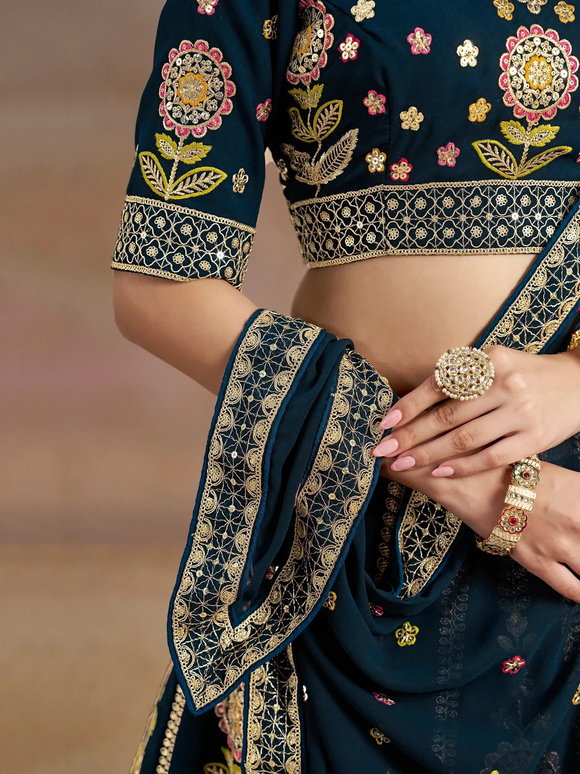 Navy Fantastic Zari Work Georgette Wedding Wear Lehenga Choli