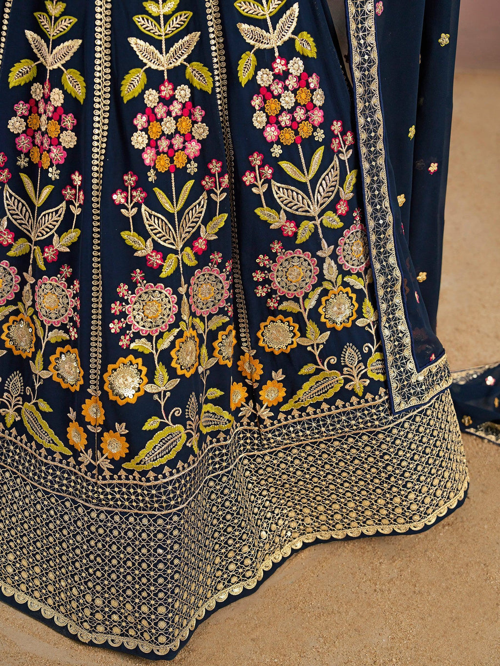 Navy Fantastic Zari Work Georgette Wedding Wear Lehenga Choli
