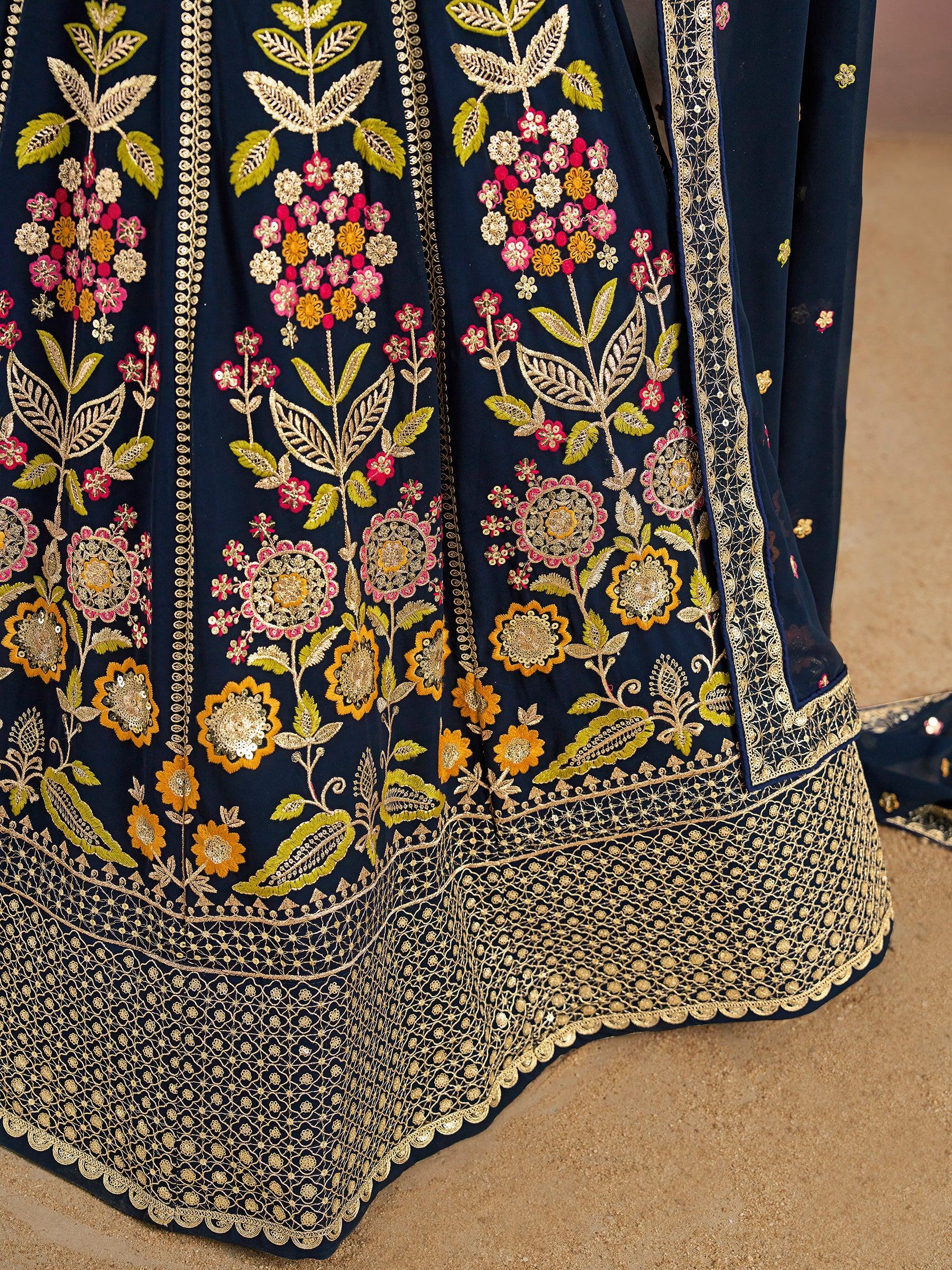 Navy Fantastic Zari Work Georgette Wedding Wear Lehenga Choli