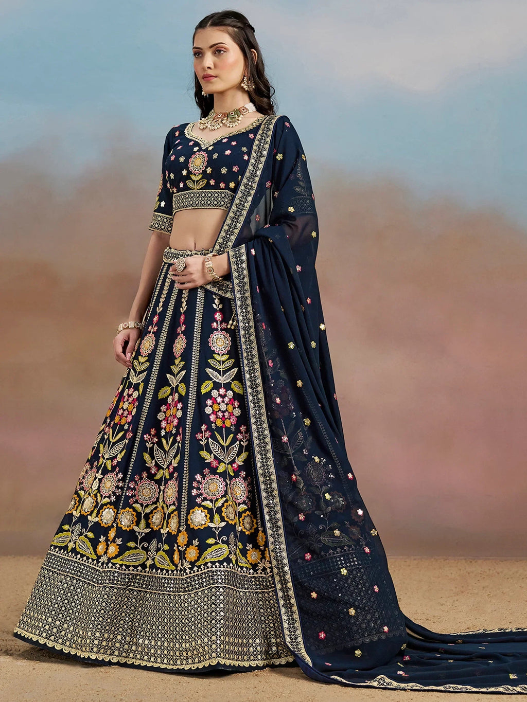 Navy Fantastic Zari Work Georgette Wedding Wear Lehenga Choli