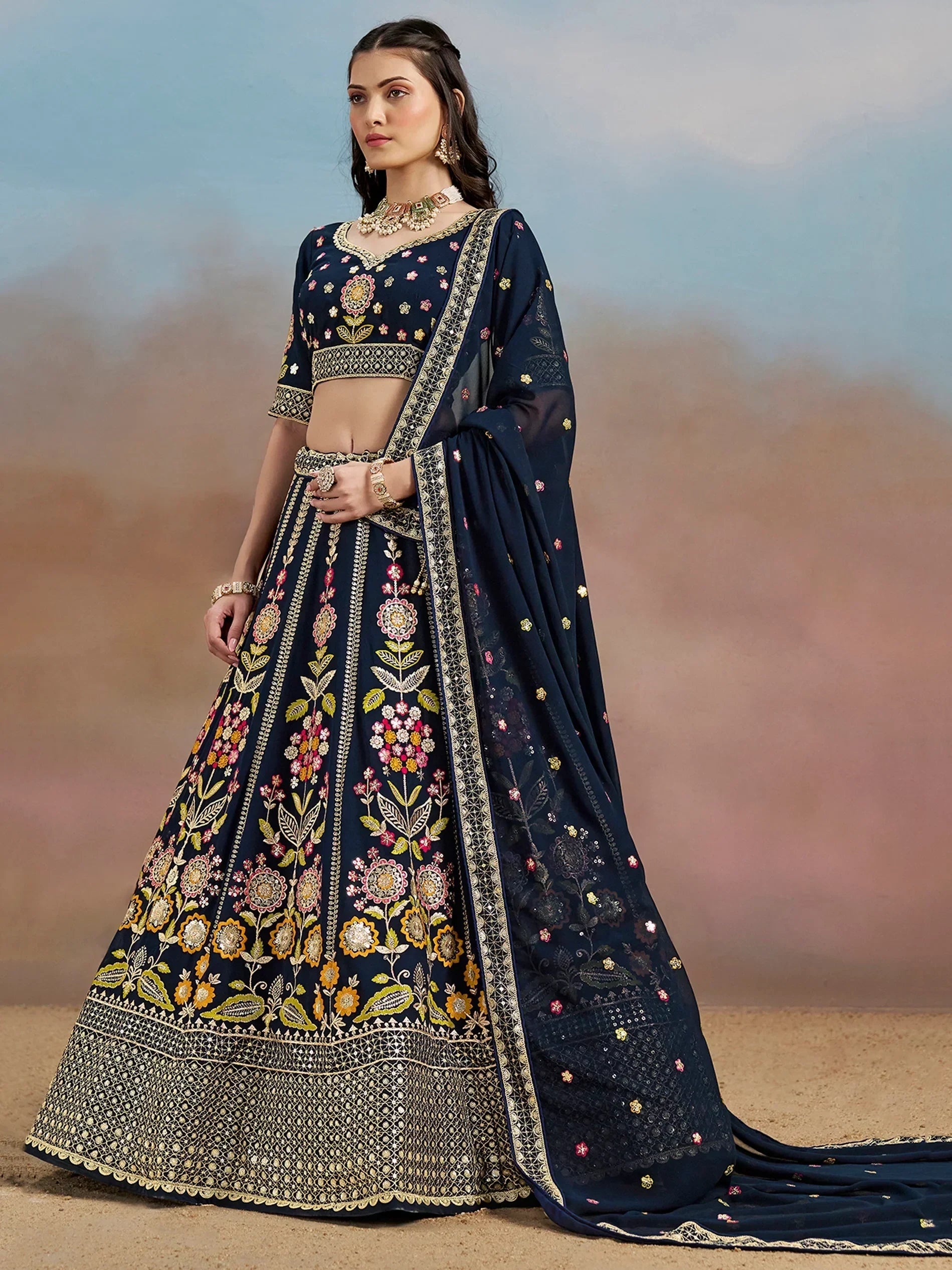 Navy Fantastic Zari Work Georgette Wedding Wear Lehenga Choli