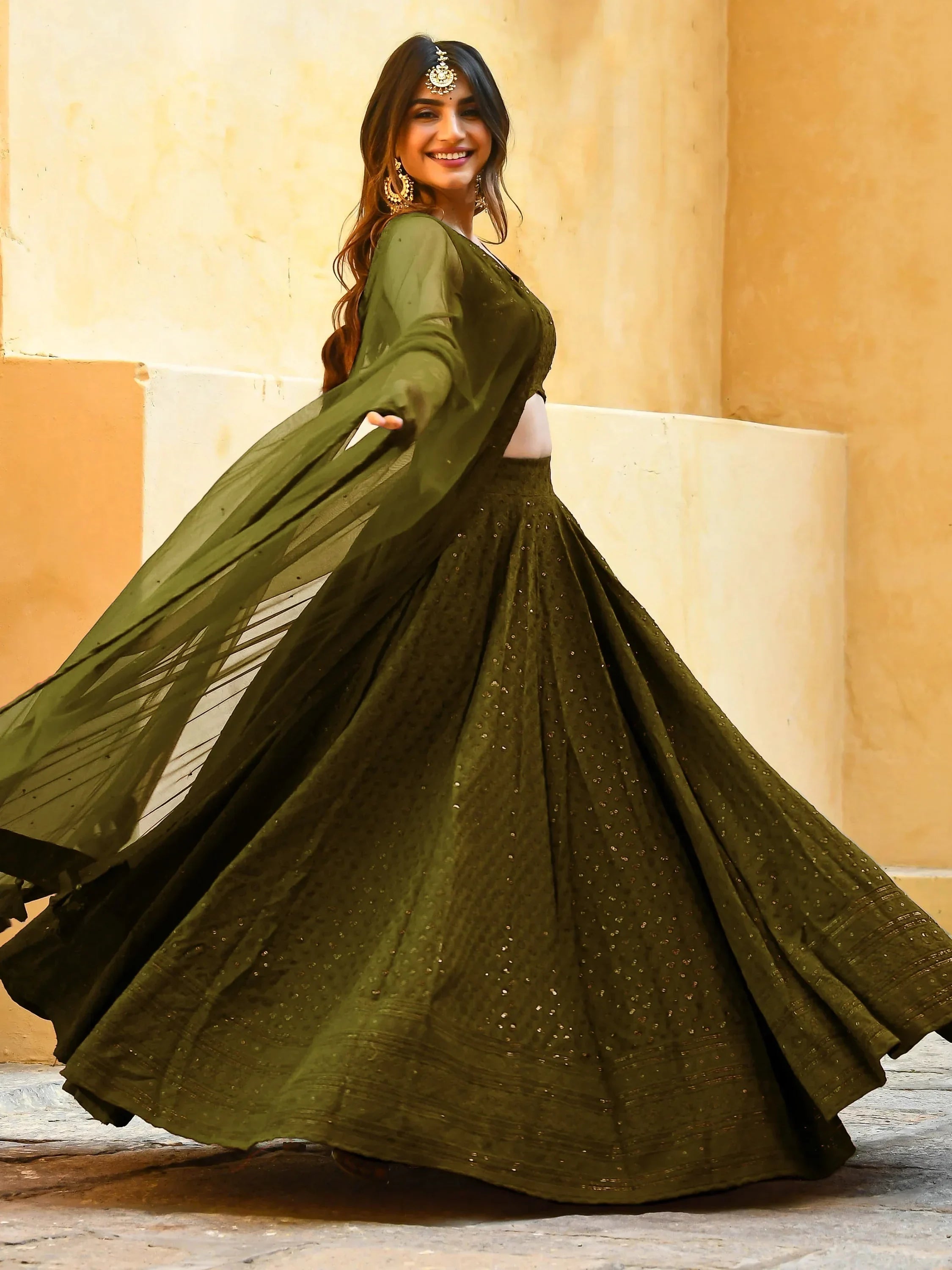 Olive Sweet Sequins Georgette Reception Wear Lehenga Choli