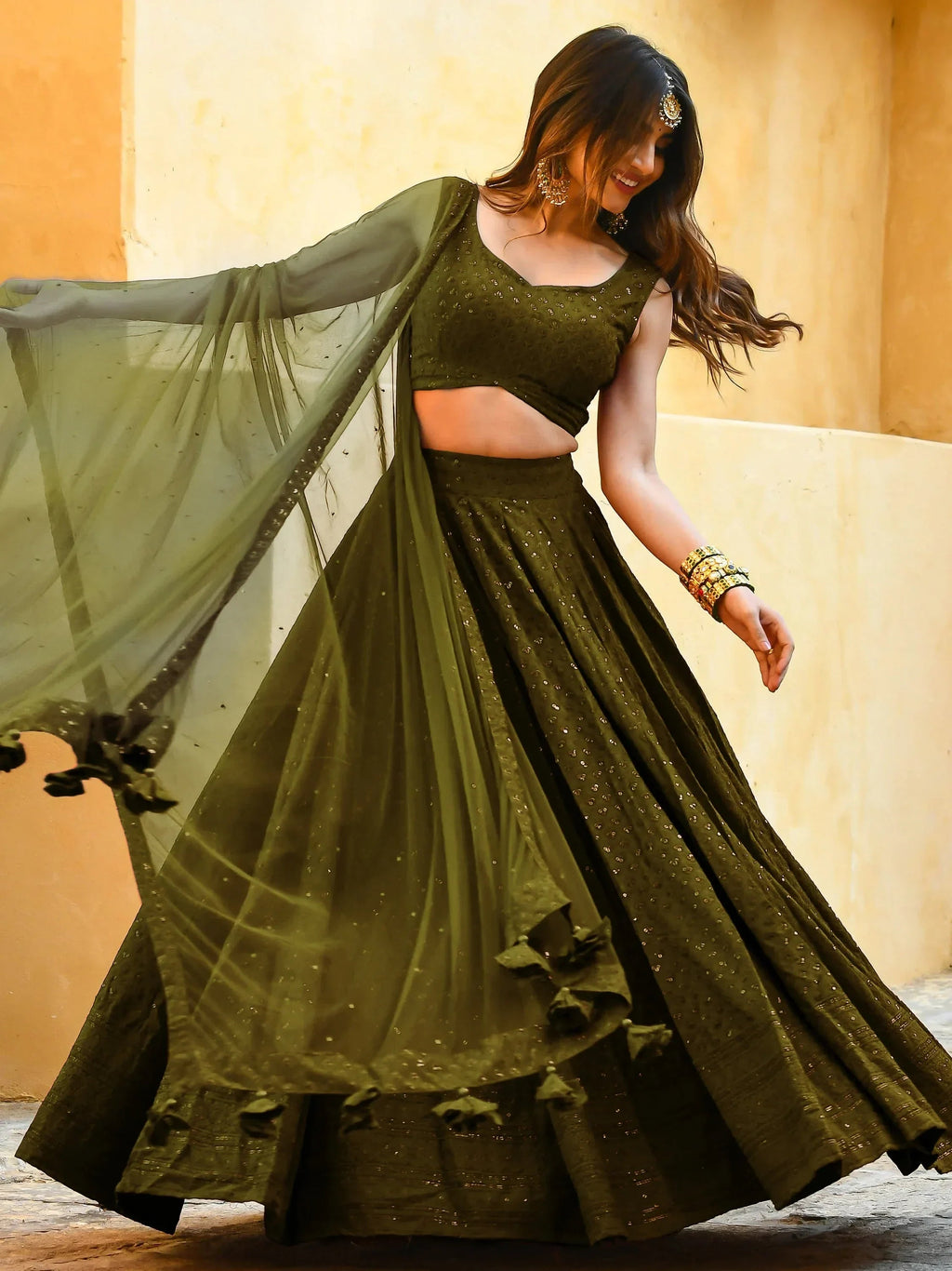 Olive Sweet Sequins Georgette Reception Wear Lehenga Choli