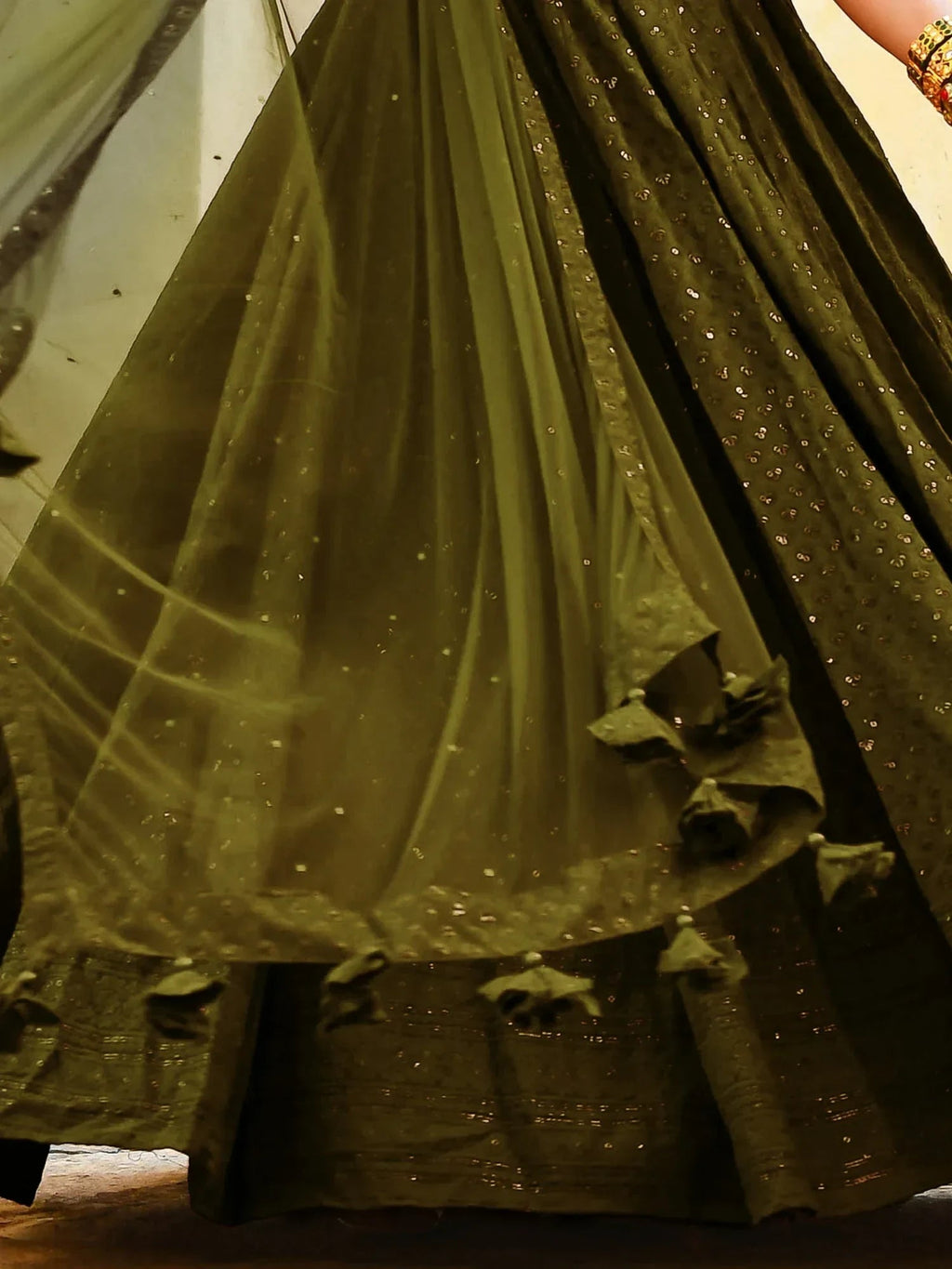 Olive Sweet Sequins Georgette Reception Wear Lehenga Choli