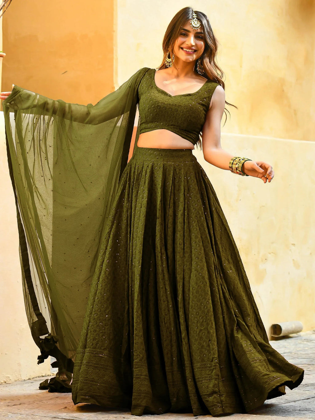 Olive Sweet Sequins Georgette Reception Wear Lehenga Choli