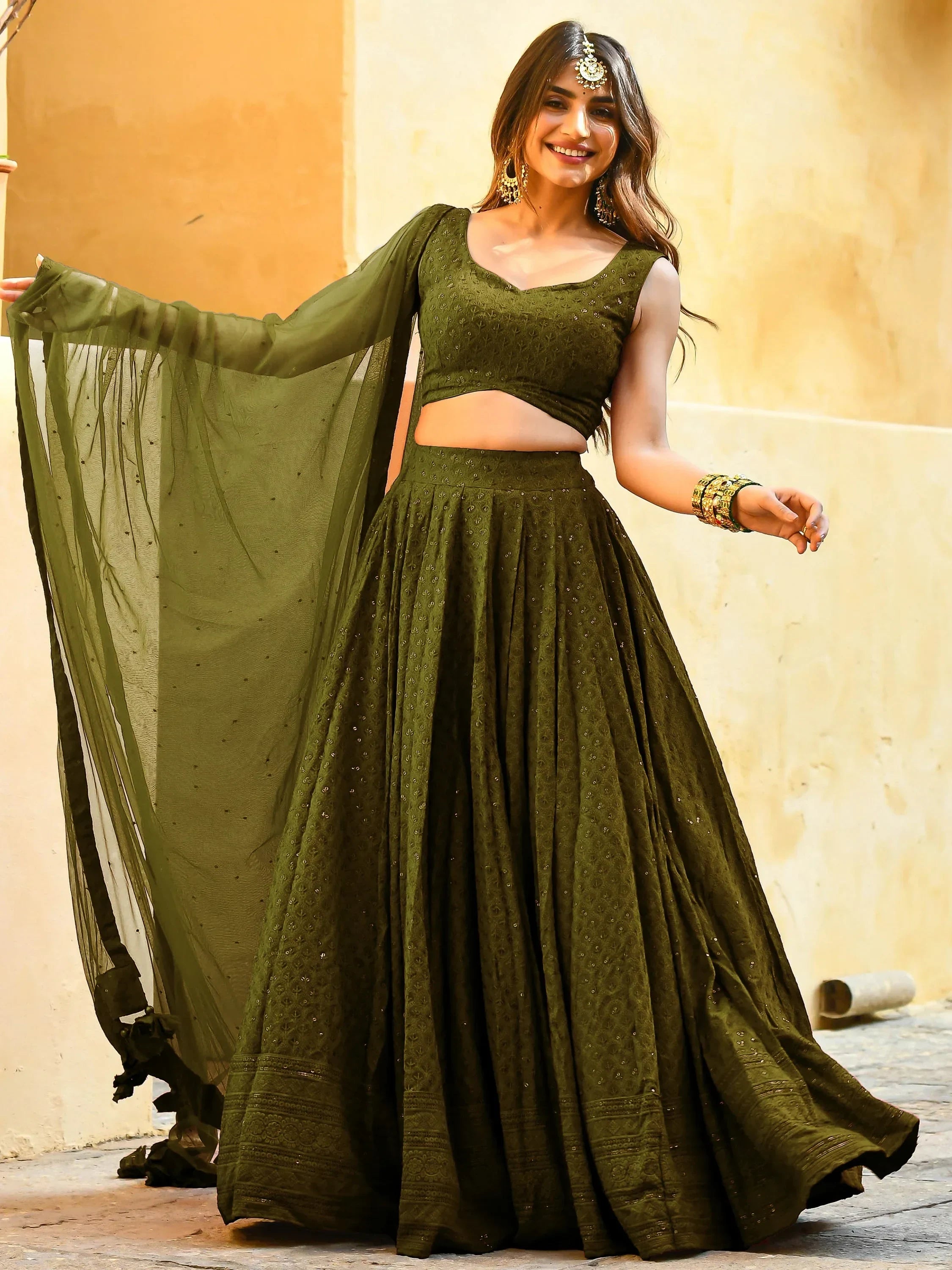 Olive Sweet Sequins Georgette Reception Wear Lehenga Choli