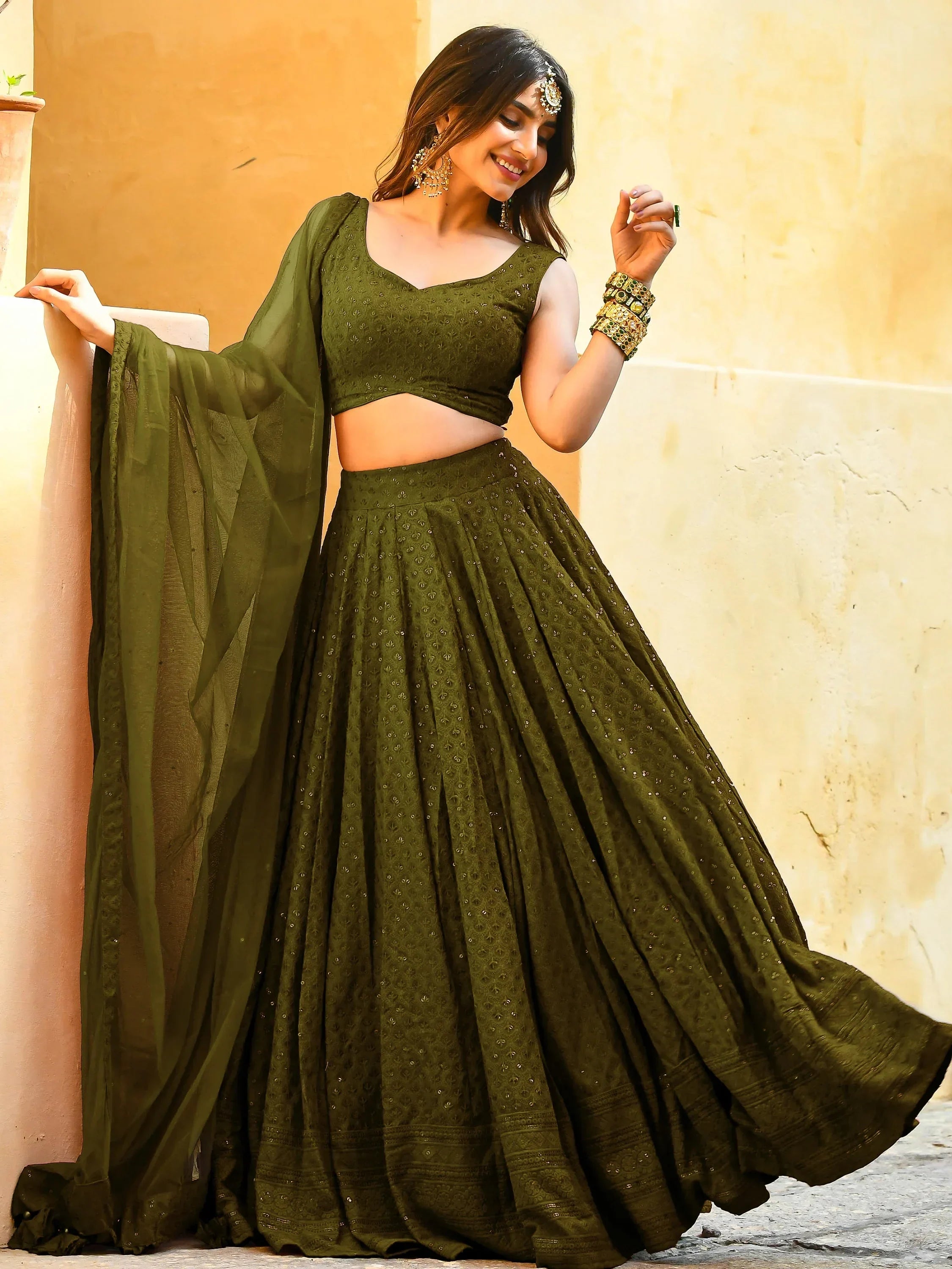 Olive Sweet Sequins Georgette Reception Wear Lehenga Choli