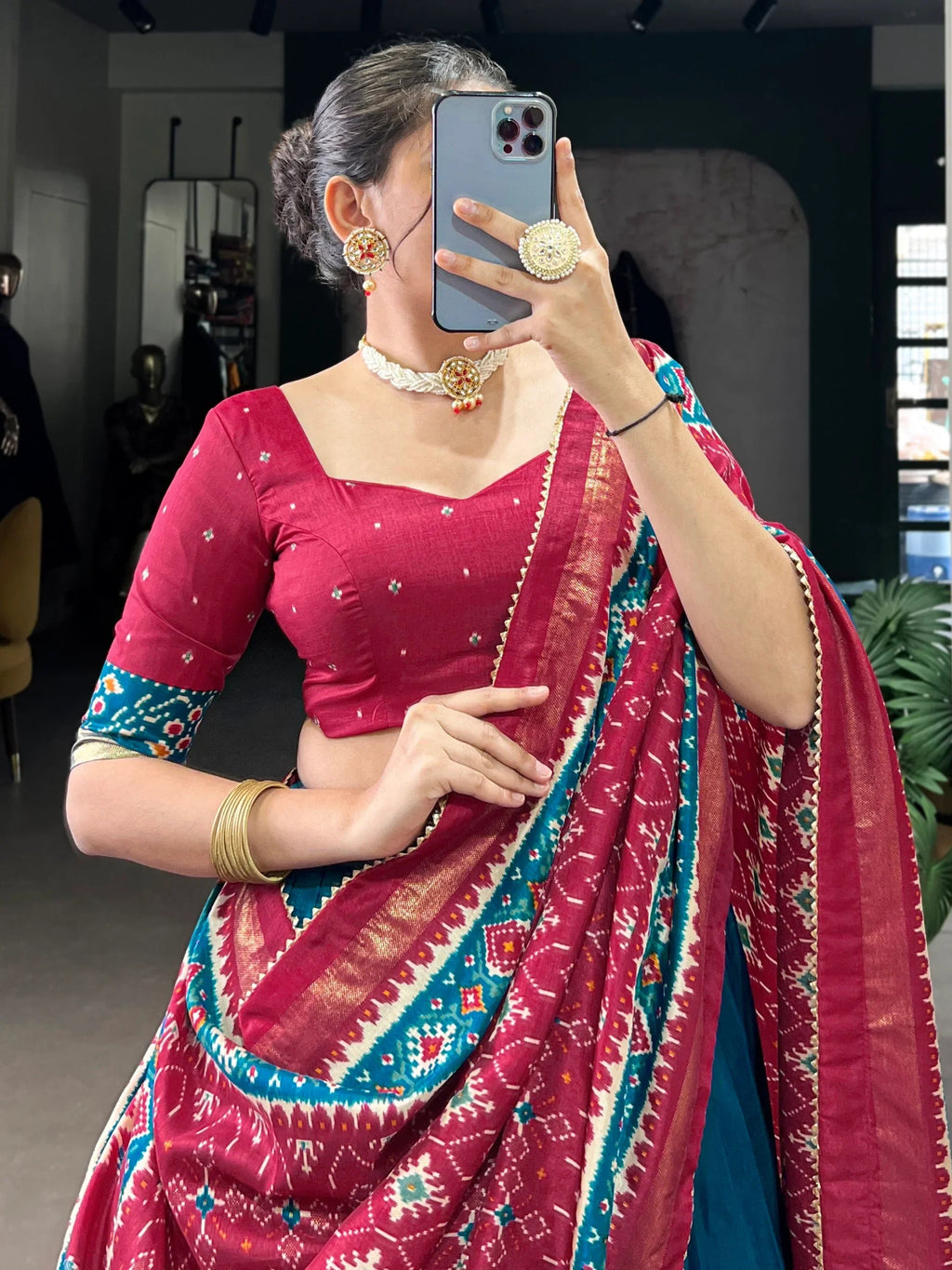 Teal Alluring Patola Printed Tussar Silk Traditional Lehenga Choli