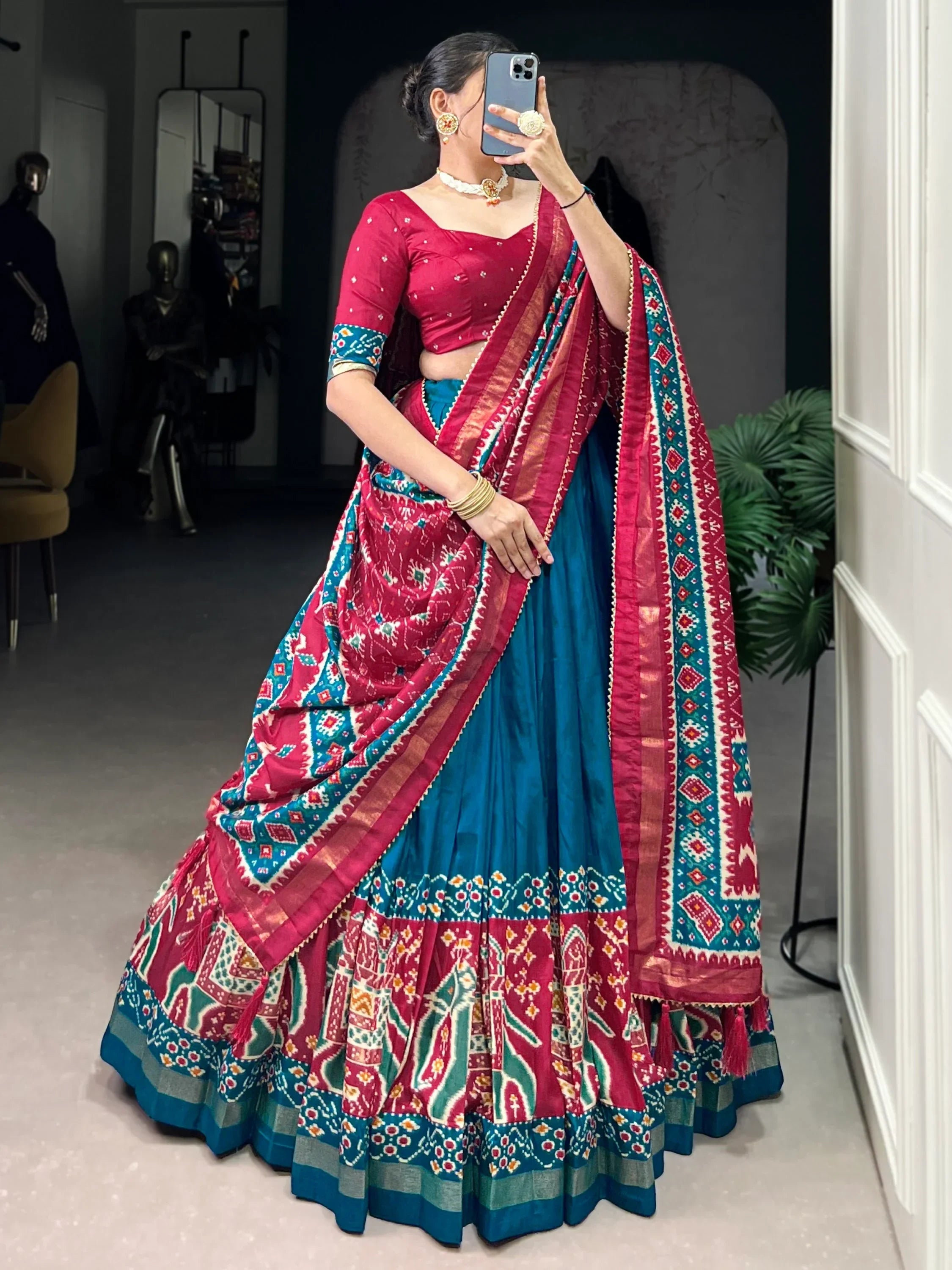 Teal Alluring Patola Printed Tussar Silk Traditional Lehenga Choli