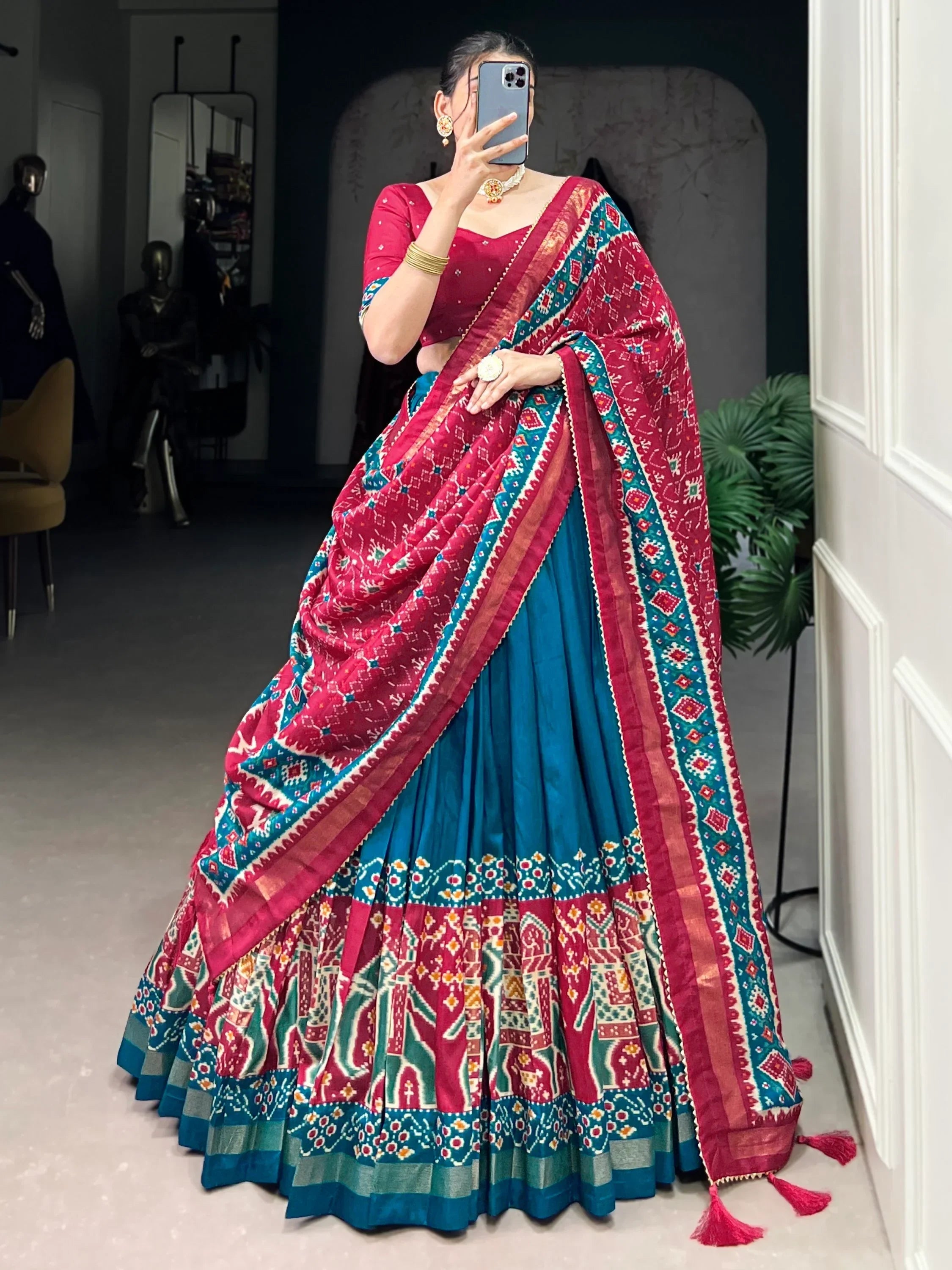 Teal Alluring Patola Printed Tussar Silk Traditional Lehenga Choli